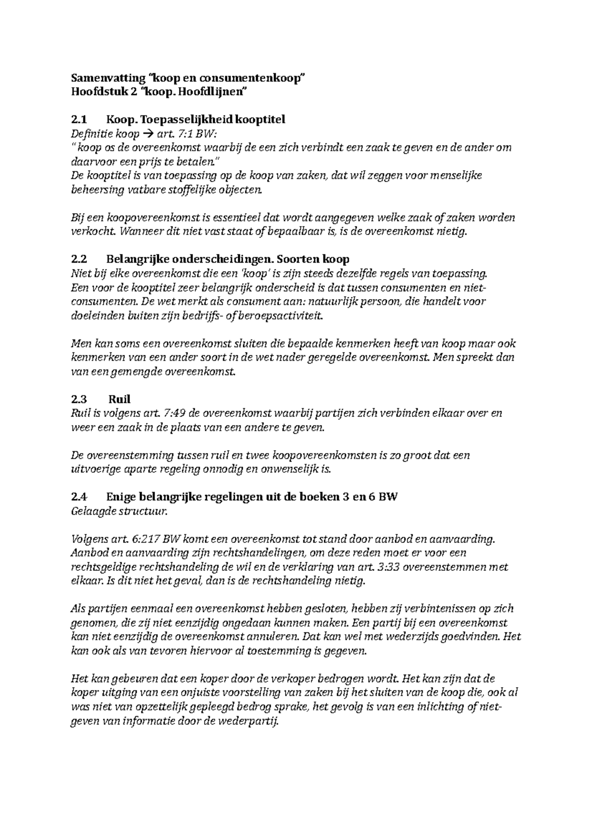 Samenvatting Koop en Consumentenkoop: Hoofdlijnen en Belangrijke Regels ...