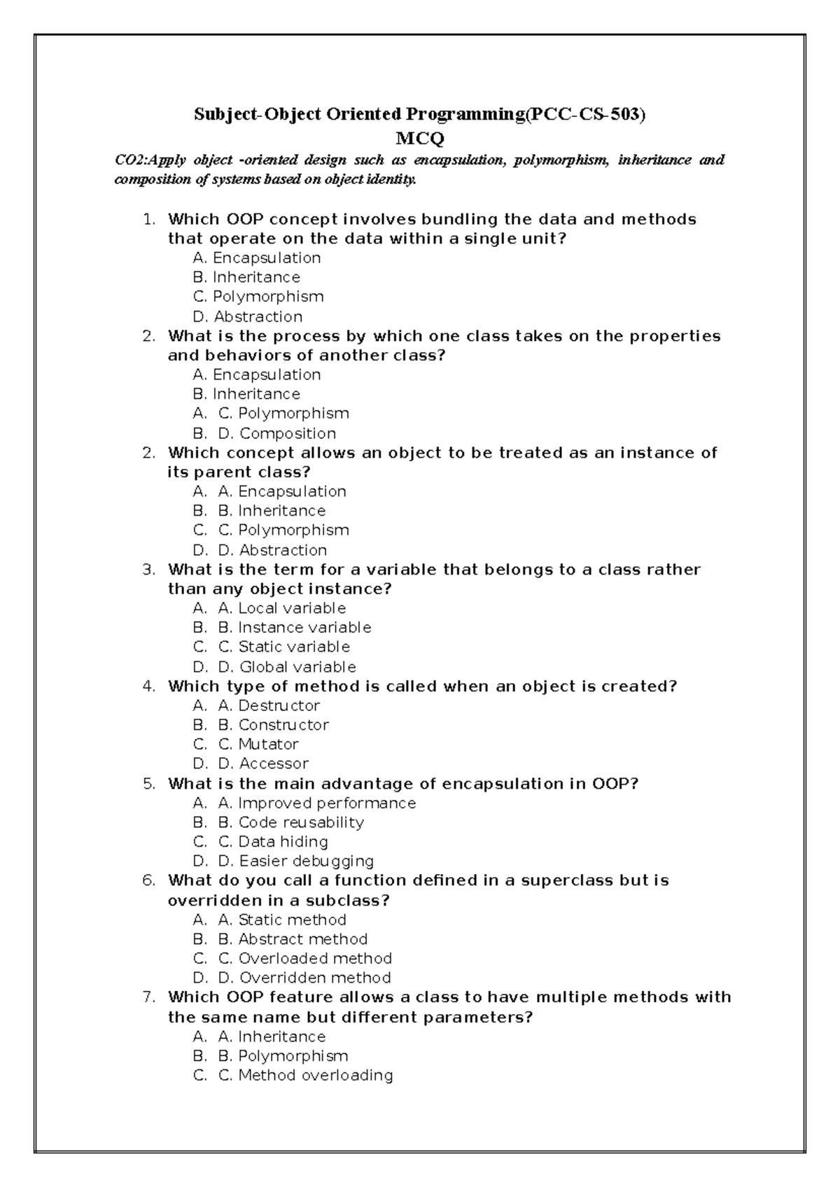 MCQ on Object-Oriented Programming Concepts (PCC-CS-503) - Studocu
