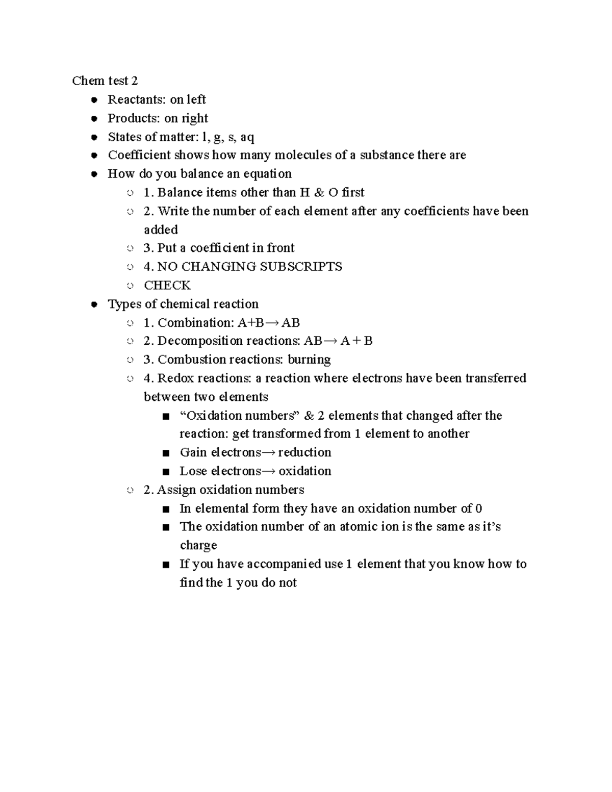 Chem 2022 Test 2 Study Guide: Balancing Equations & Reactions - Studocu