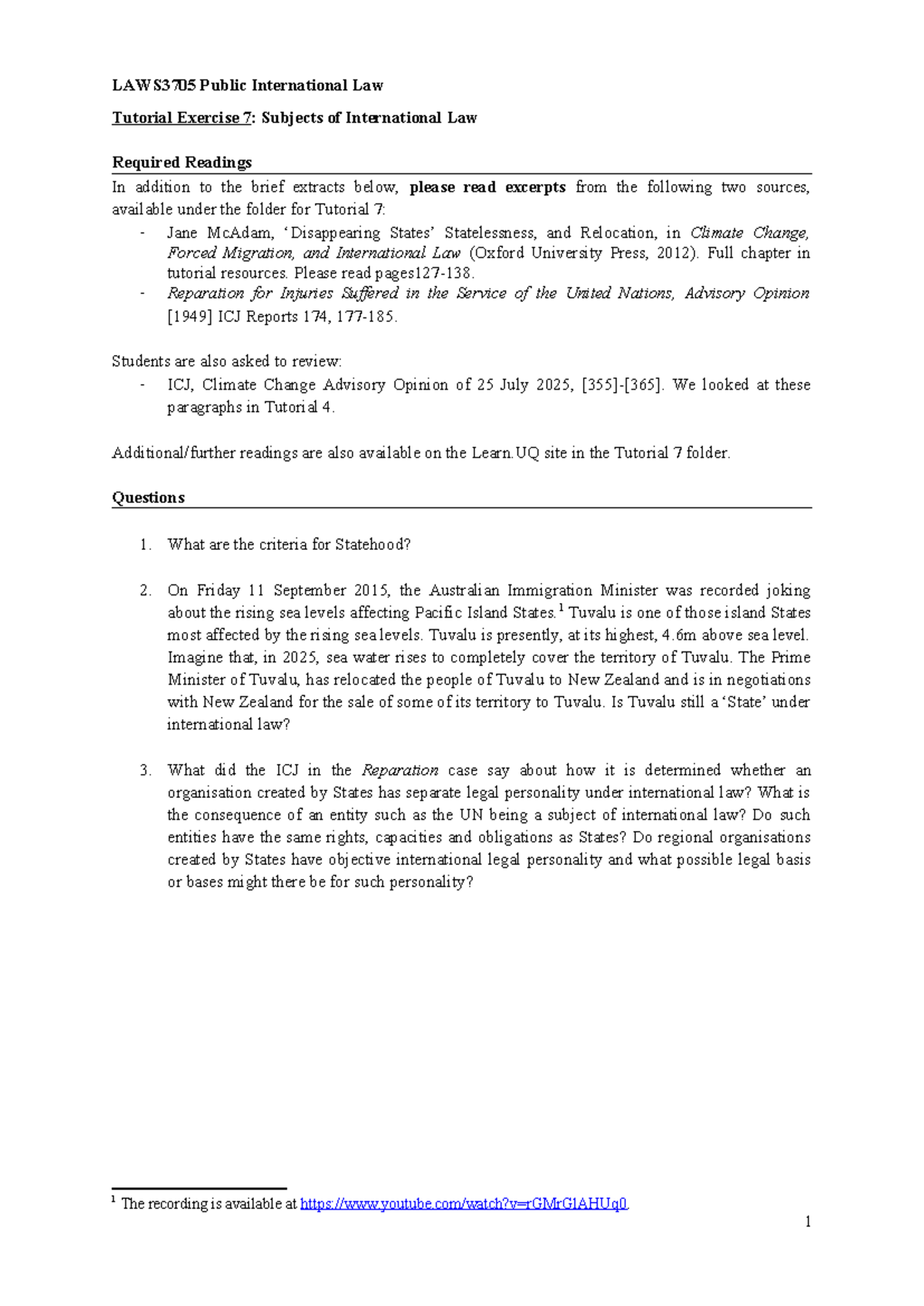 LAWS3705 Public International Law Tutorial 7: Subjects & Readings - Studocu