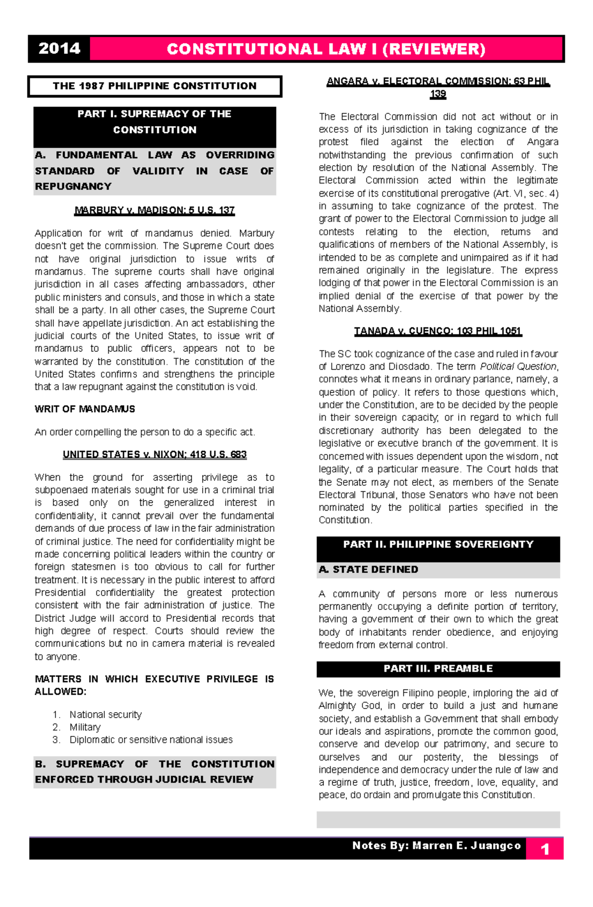 Constitutional LAW I Final Exam Reviewer: Key Concepts & Cases - Studocu