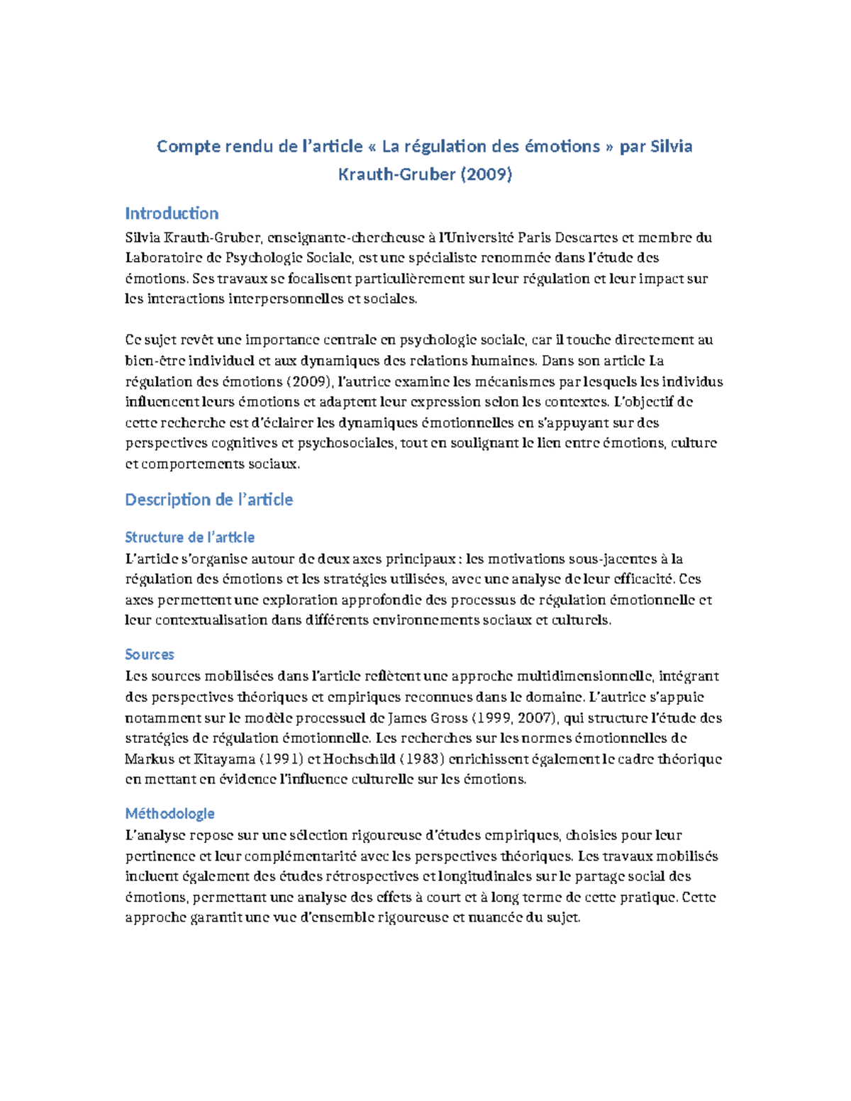 Compte rendu sur la régulation des émotions - Silvia Krauth-Gruber ...