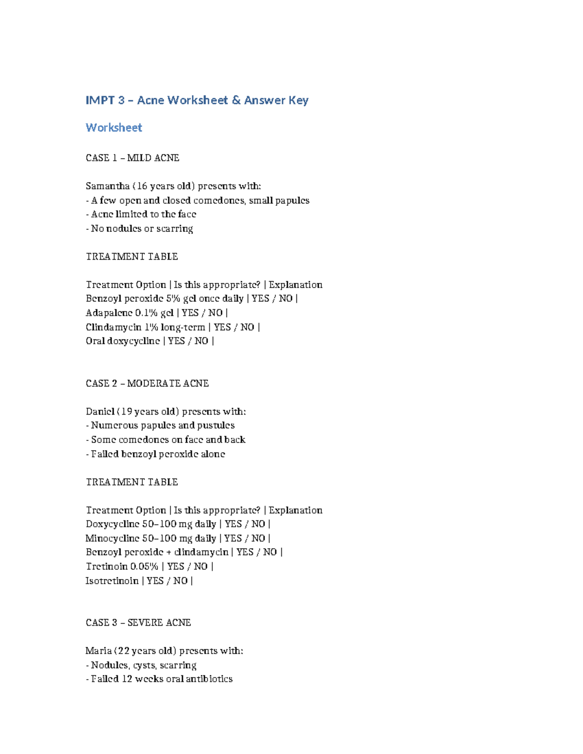 IMPT 3 Acne Worksheet Answer Key: Treatment Options & Cases - Studocu