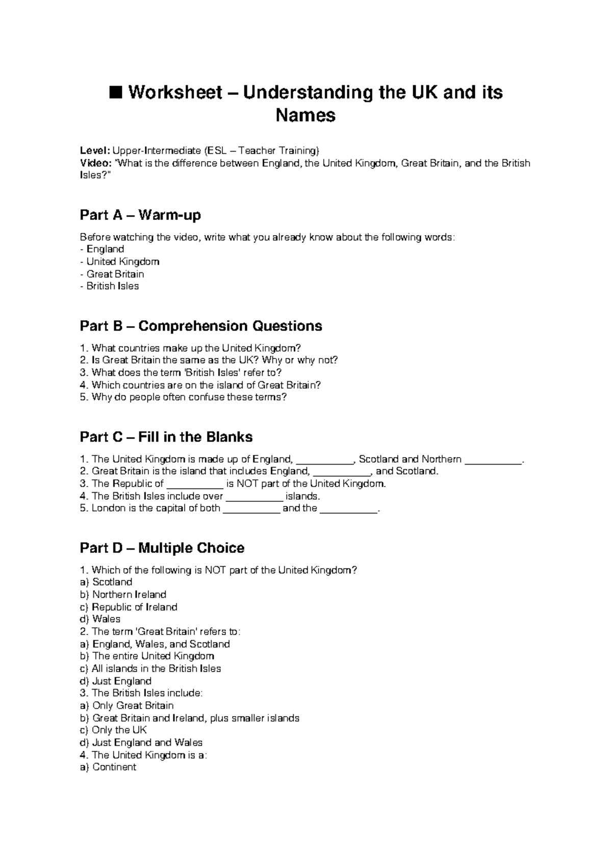 UK Worksheet - Understanding England, UK, and Great Britain - Studocu