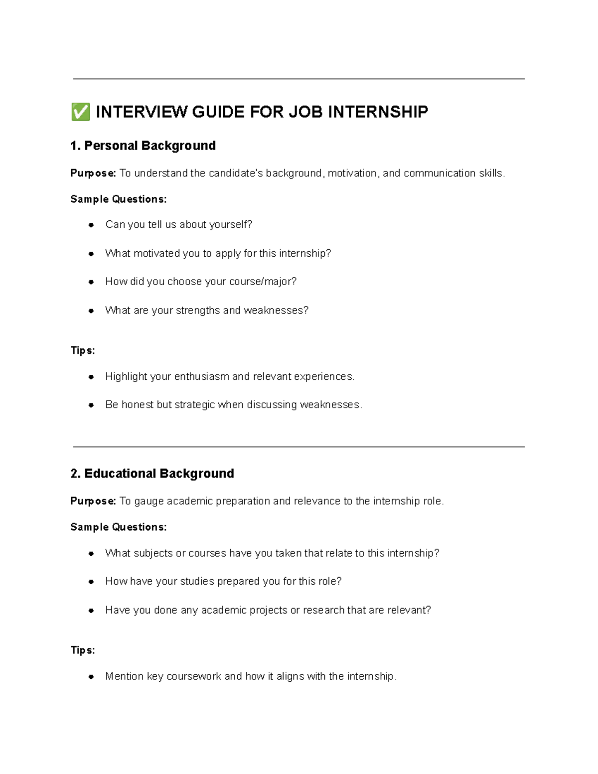 Interview Guide for Job Internship: Key Questions & Tips - Studocu