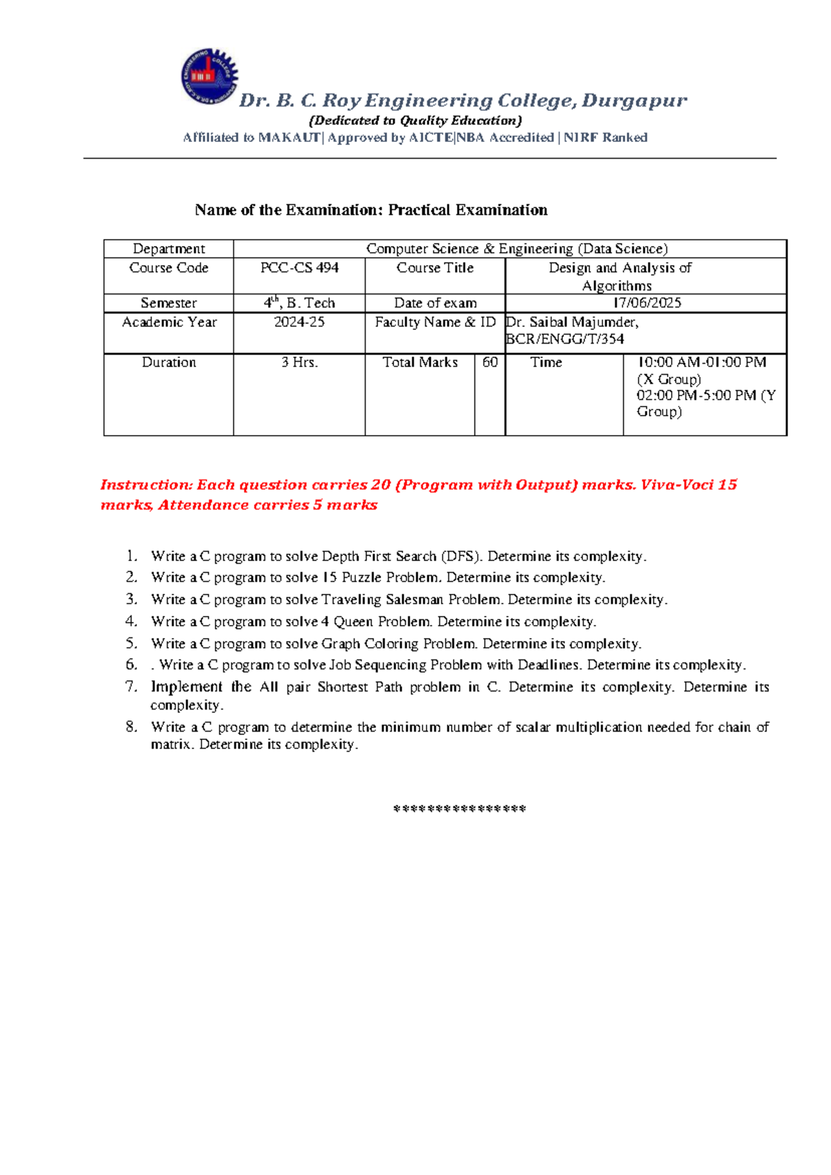 PCC-CS 494: Practical Exam Questions for Design and Analysis of ...