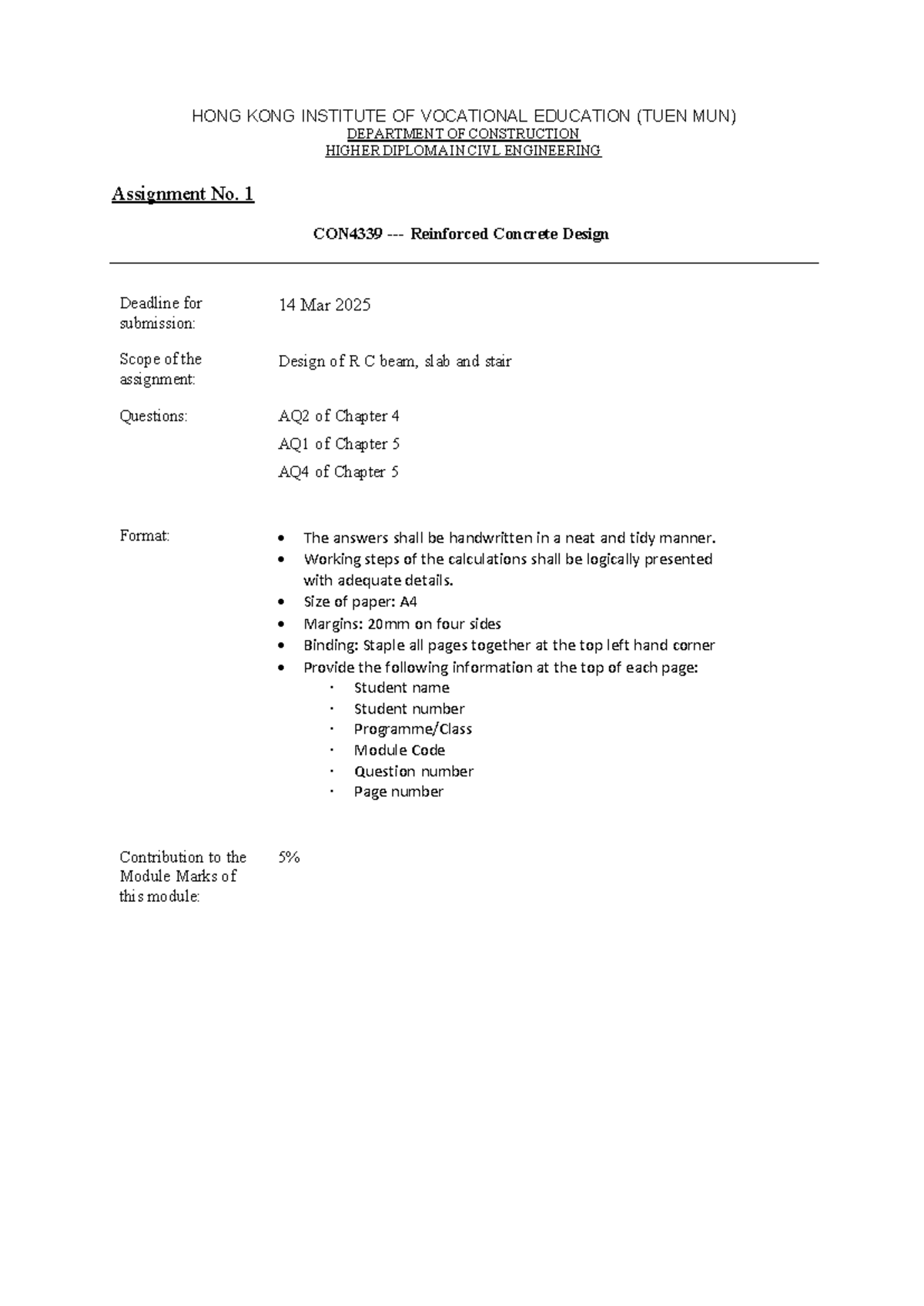 Assignment 1: Reinforced concrete design (CON4339) - Studocu