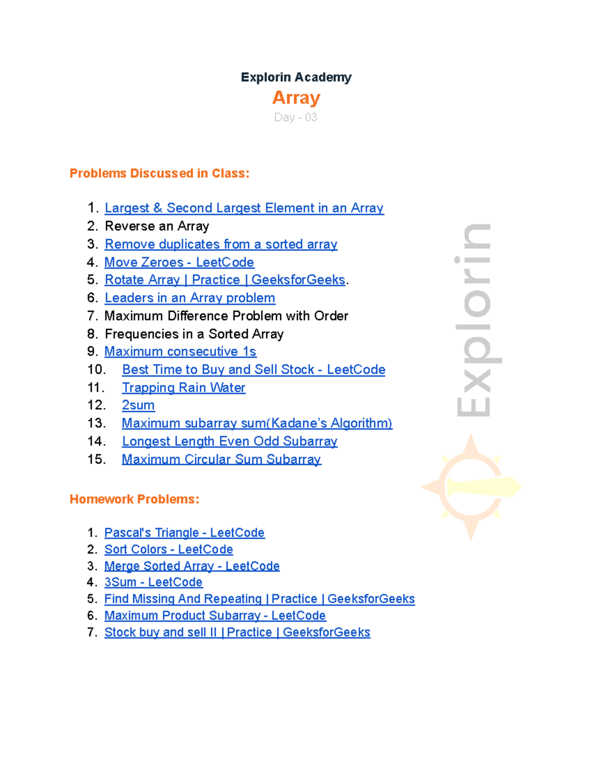 DPP 3 Arrays - pratce problem on array - Explorin Academy Array Day ...