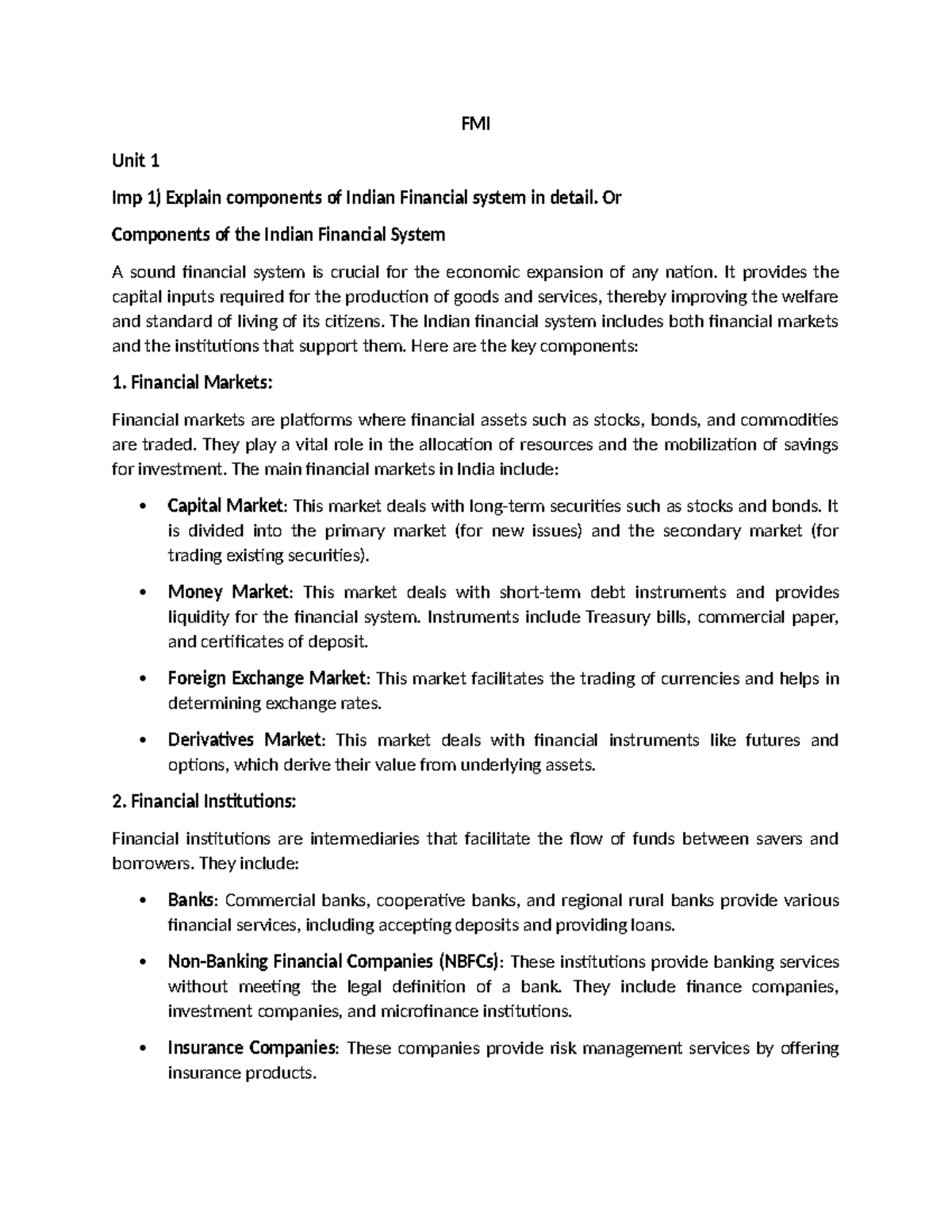 FMI (Mid Term) - Study Material for Financial Market and Institutions ...
