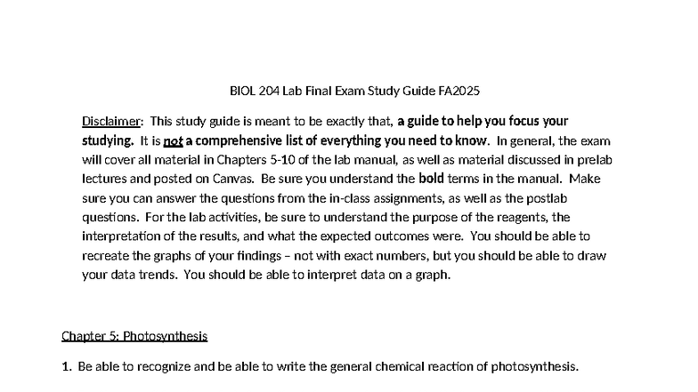 BIOL 204 Lab Final Exam Study Guide: Chapters 5-10 FA2025 - Studocu
