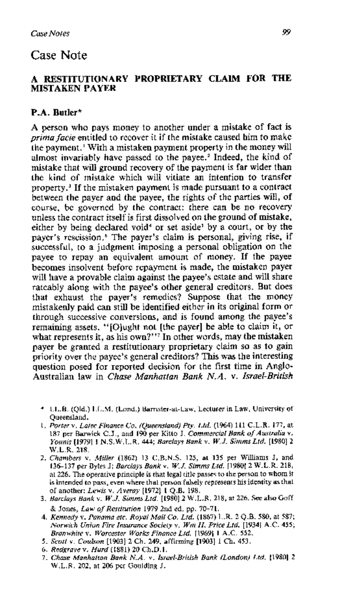 Case Notes 99: A Restitutionary Proprietary Claim in Chase Manhattan ...