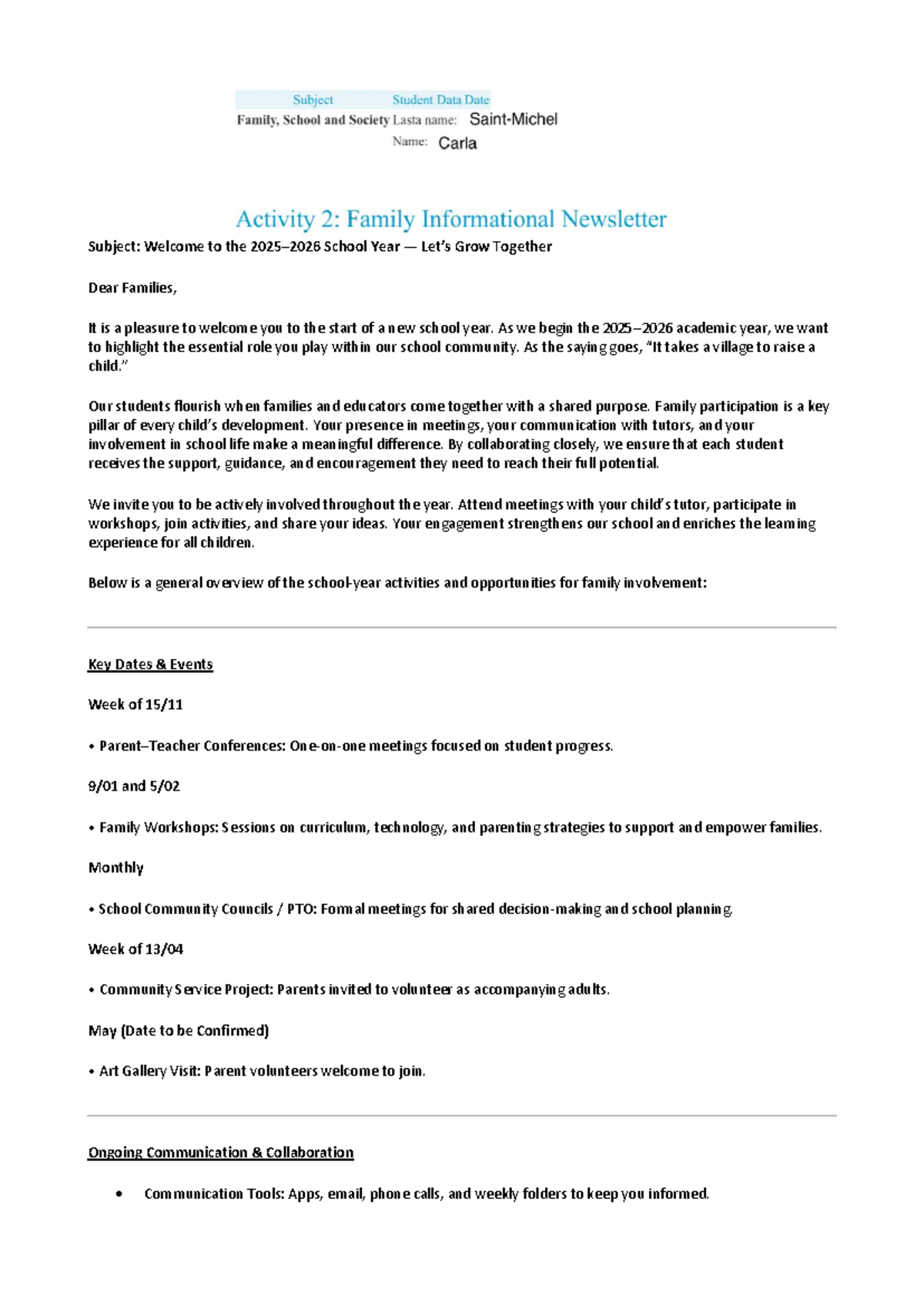 Activity 2: Informal Newsletter for Family Engagement in School Year ...