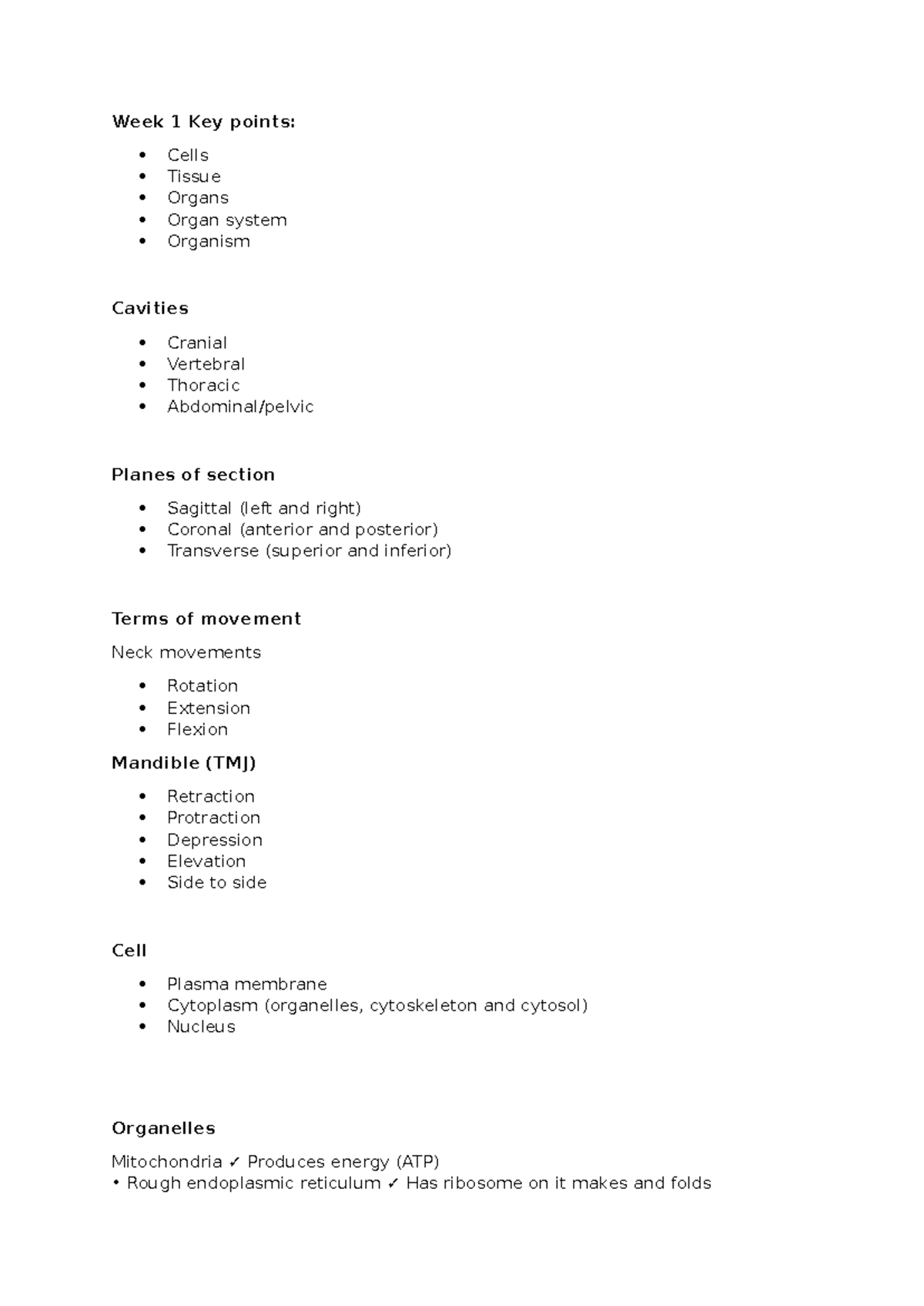 BIO101 Week 1 Key Points: Cells, Tissues, and Organ Systems - Studocu