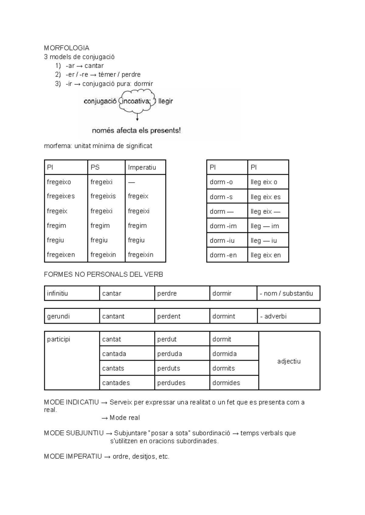 Examen 3. Català - MORFOLOGIA 3 models de conjugació 1) -ar → cantar 2 ...