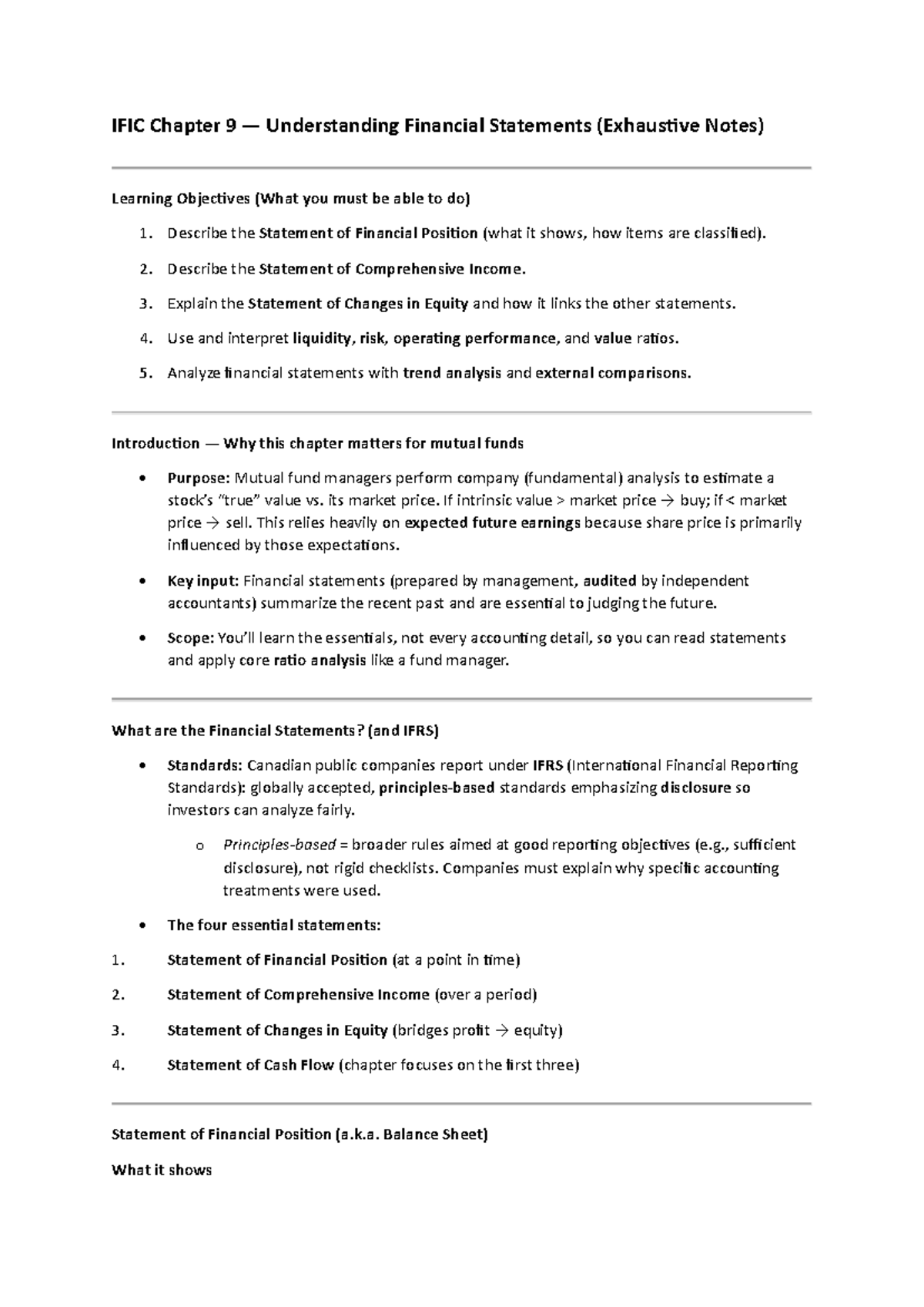 Chapter 9 IFIC Notes: Understanding Financial Statements and Analysis ...