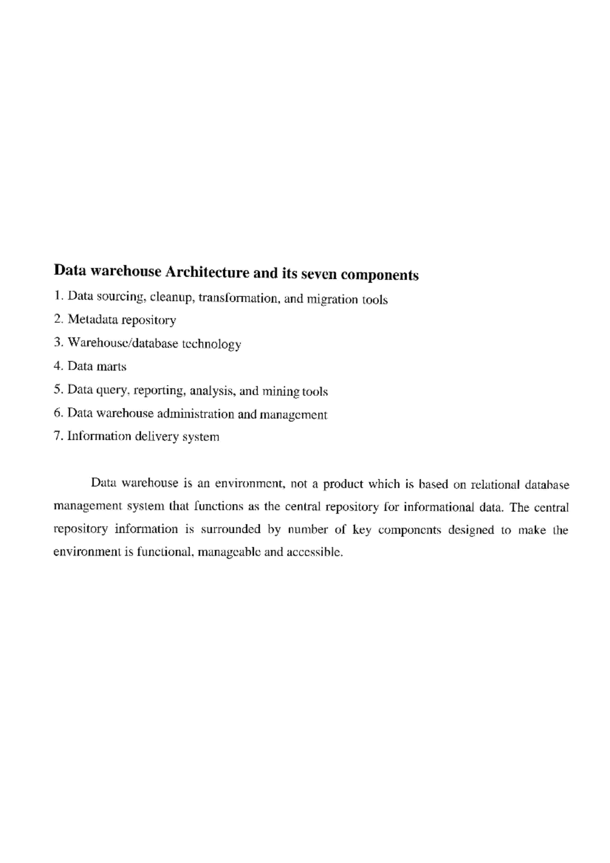 IT1101 Data Warehousing: Key Components & Architecture Overview - Studocu