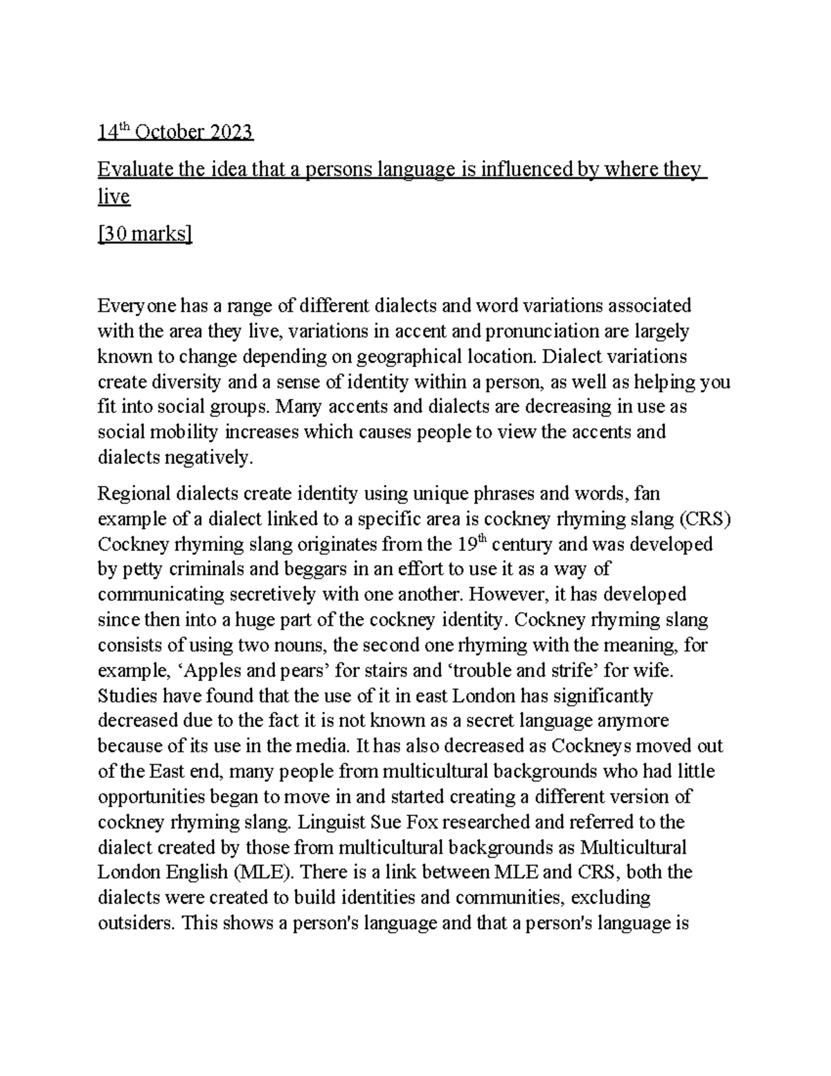 Essay on Language, Accent, and Dialect Influences (ENG101) - Studocu