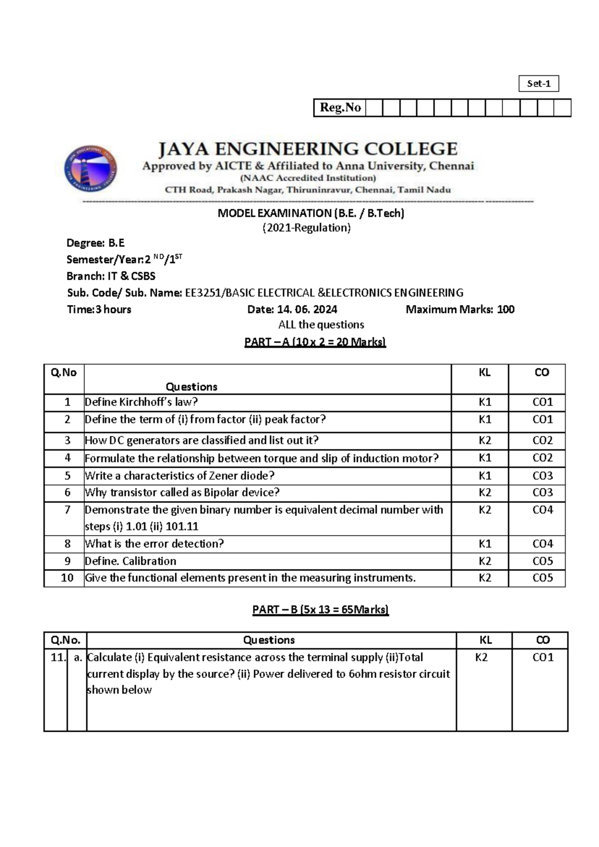 BEEE Model Exam - Electrical Engineering Question Paper (B.E. B.Tech ...