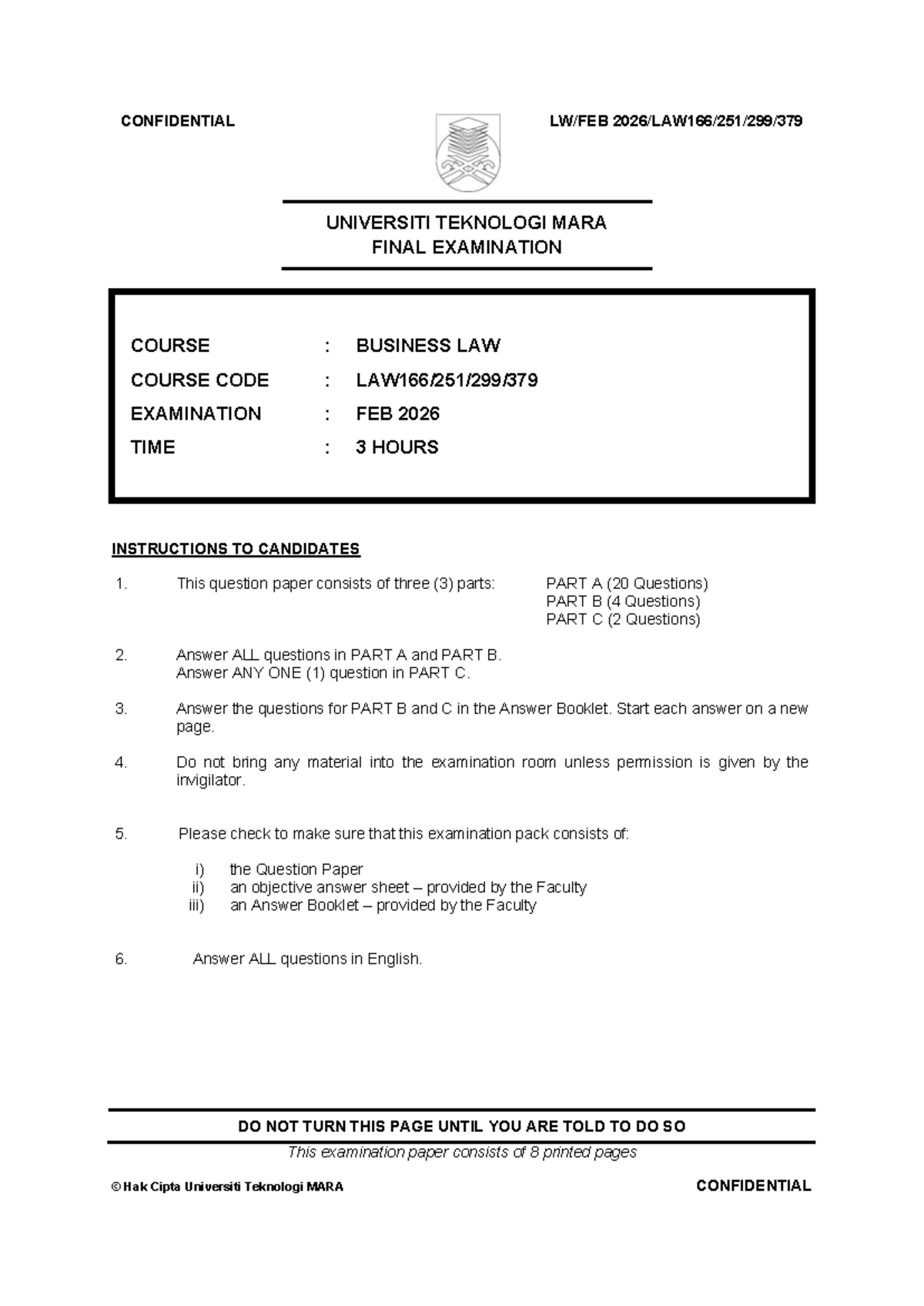 LAW299 FINAL EXAMINATION QUESTIONS & INSTRUCTIONS - FEB 2026 - Document Preview