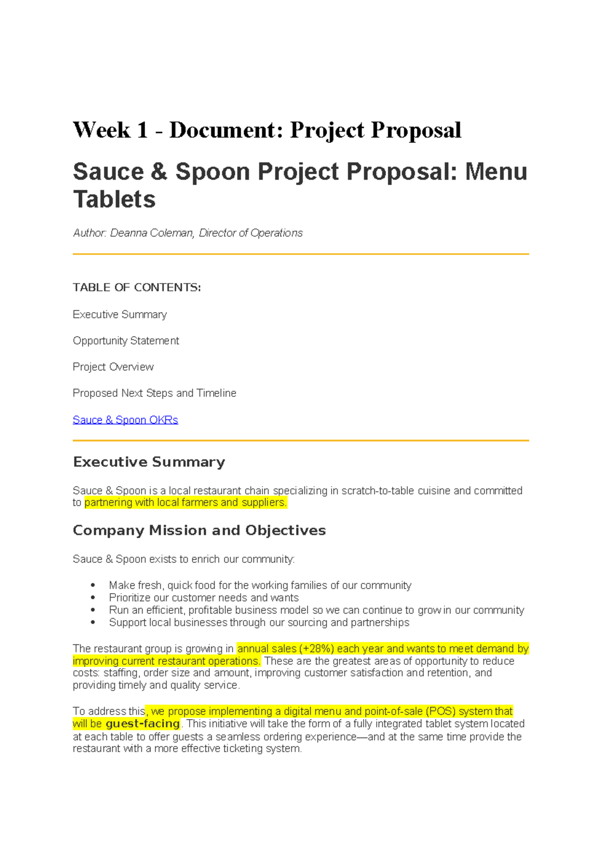 Week 1 - Assignment - Week 1 - Document: Project Proposal Sauce & Spoon ...