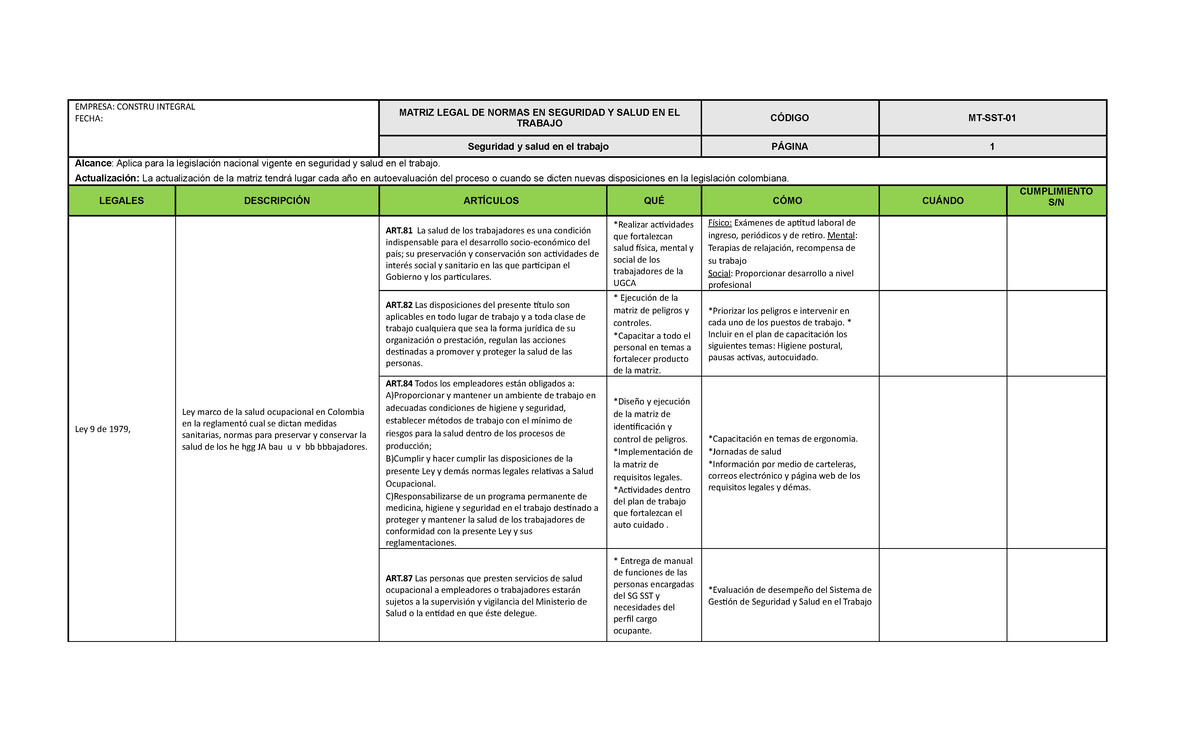 Matriz Legal de Seguridad y Salud en el Trabajo - Código MT-SST - Studocu