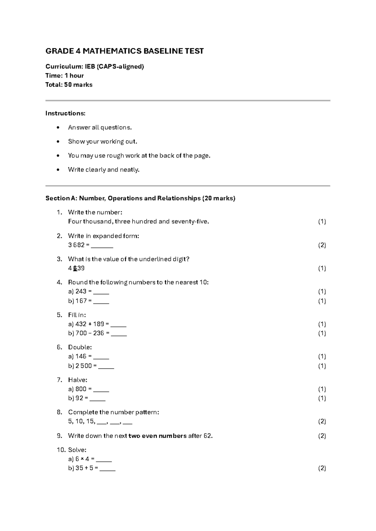 Grade 4 Mathematics Baseline Test (IEB) - 50 Marks - Studocu