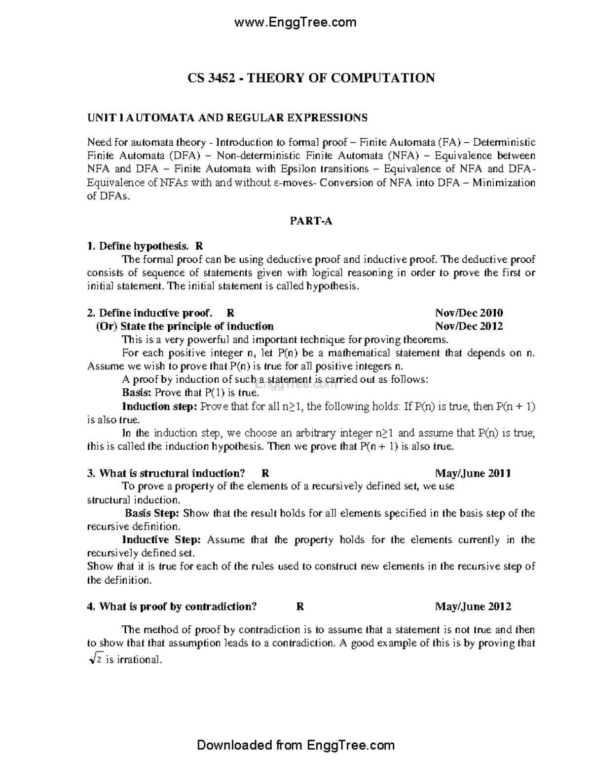 CS3452 Theory of Computation Two Mark Questions 1 - CS 3452 - THEORY OF ...