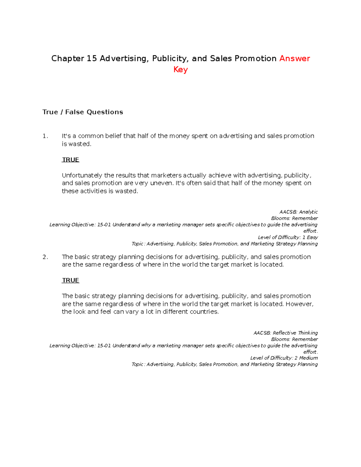 Chapter 15 Advertising, Publicity & Sales Promotion Answer Key - Studocu