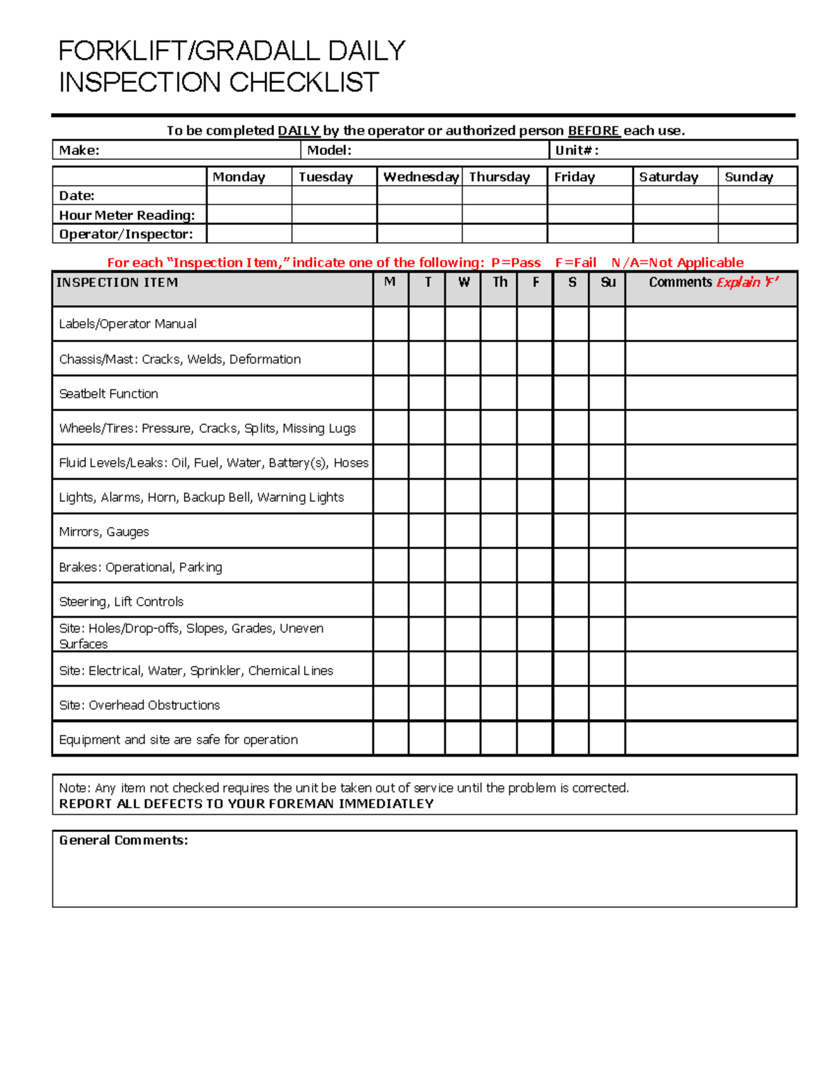 Forklift/Gradall Daily Inspection Checklist - Operator Safety Guide ...