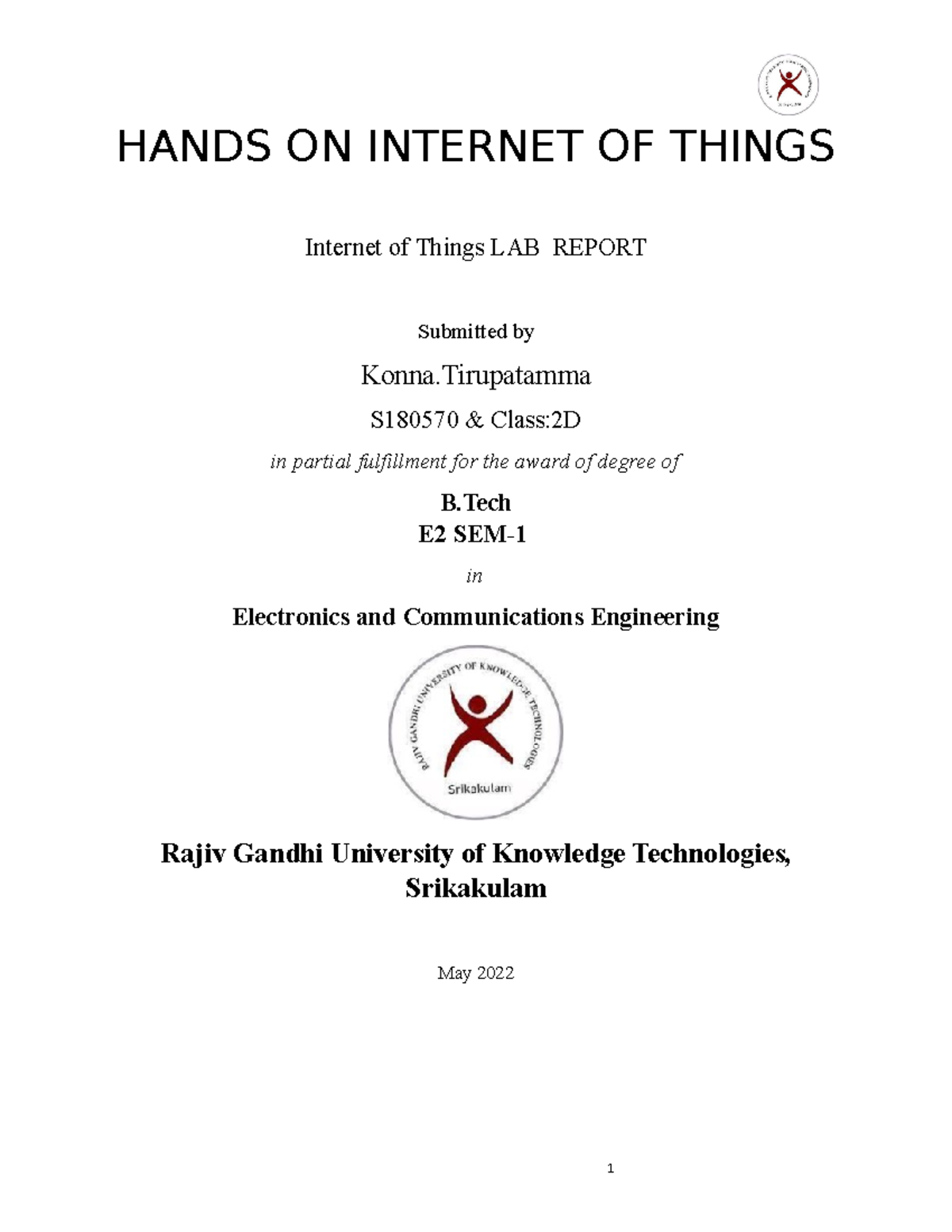 E2 SEM-1 IOT LAB Report - HANDS ON INTERNET OF THINGS Internet of ...