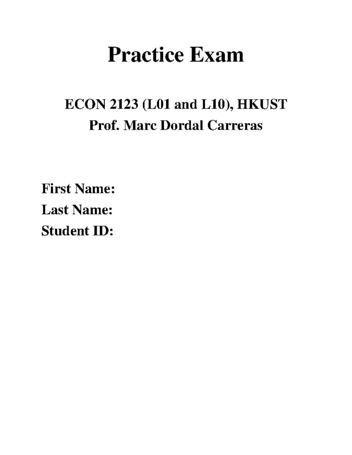 Practice Midterm 2 ECON 2123 Fall 2023 - Short and Long Questions - Studocu