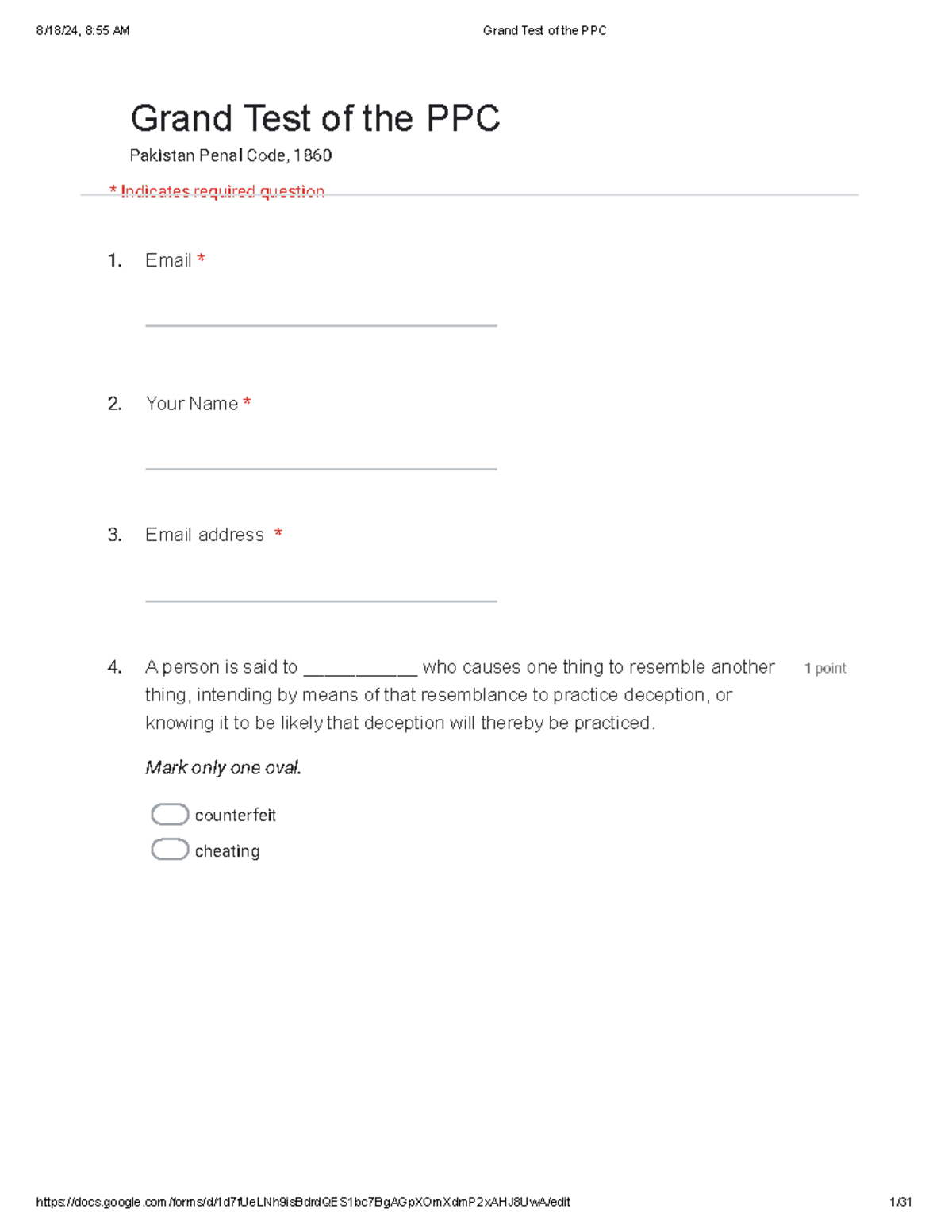 Grand Test of the PPC - Notes on PPC - 1. Email * 2. 3. 4. 1 point Mark ...