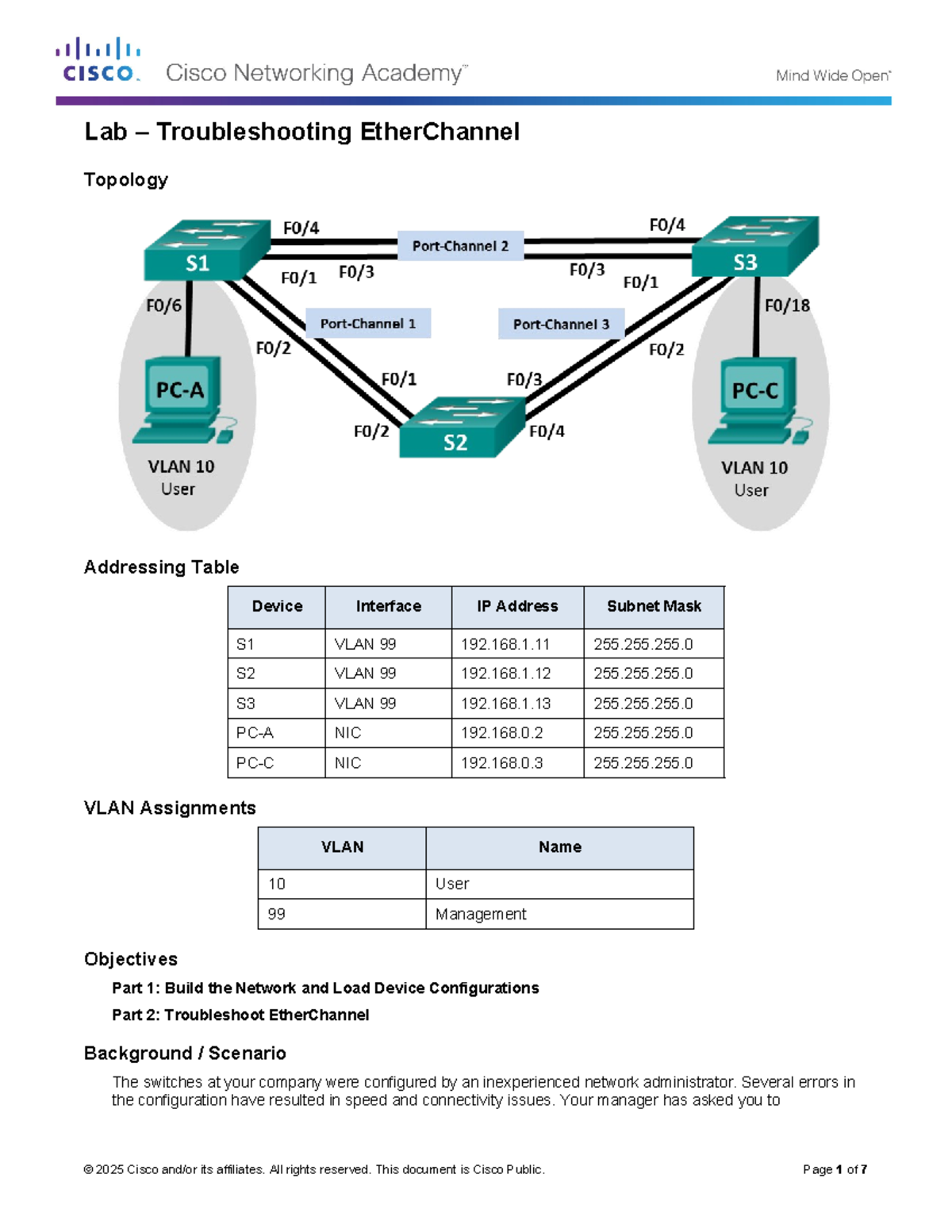 Lab 1 - Troubleshooting Ether Channel - Topology Addressing Table ...