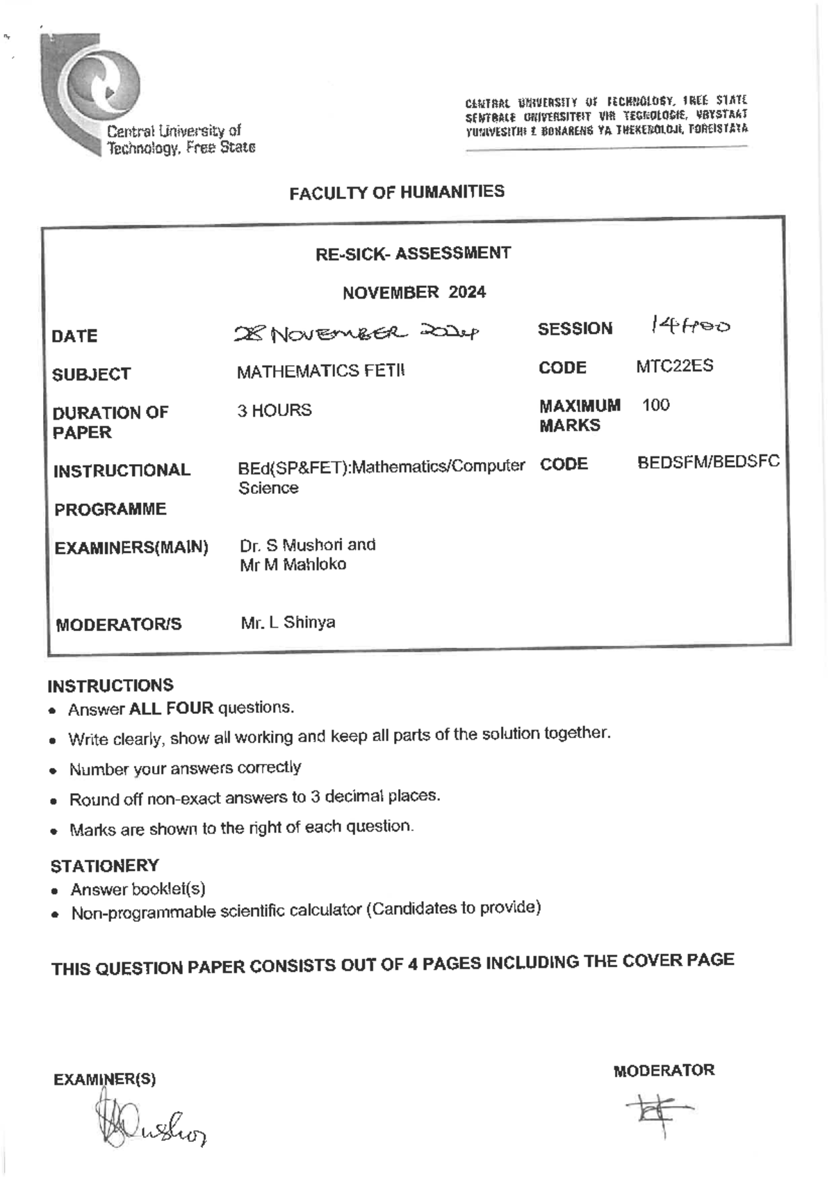 MTC22ES - Mathematics Assessment Paper - November 2024 - Studocu