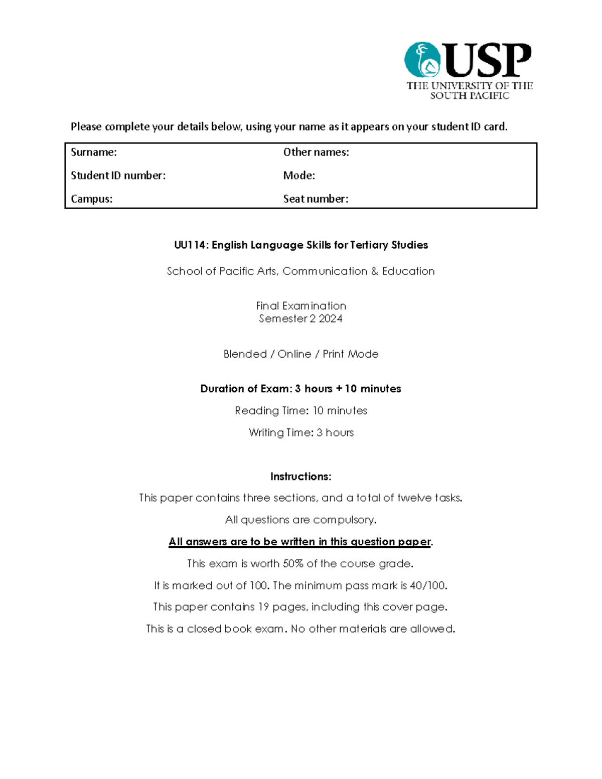 UU114 Final Exam Paper S2 2024 - Essential Instructions and Tasks - Studocu