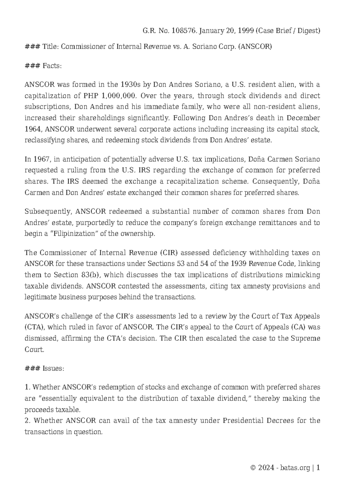 G.R. No. 108576 (1999) Case Brief: Commissioner of Internal Revenue vs ...