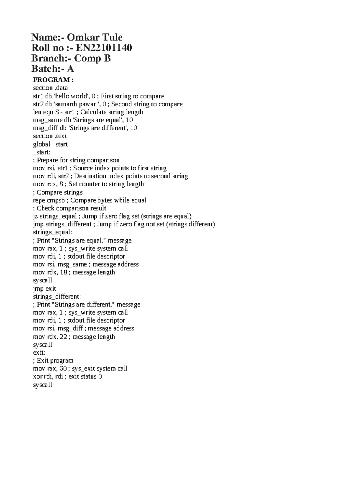 EN22101140 Assembly Language Program for String Comparison - Studocu
