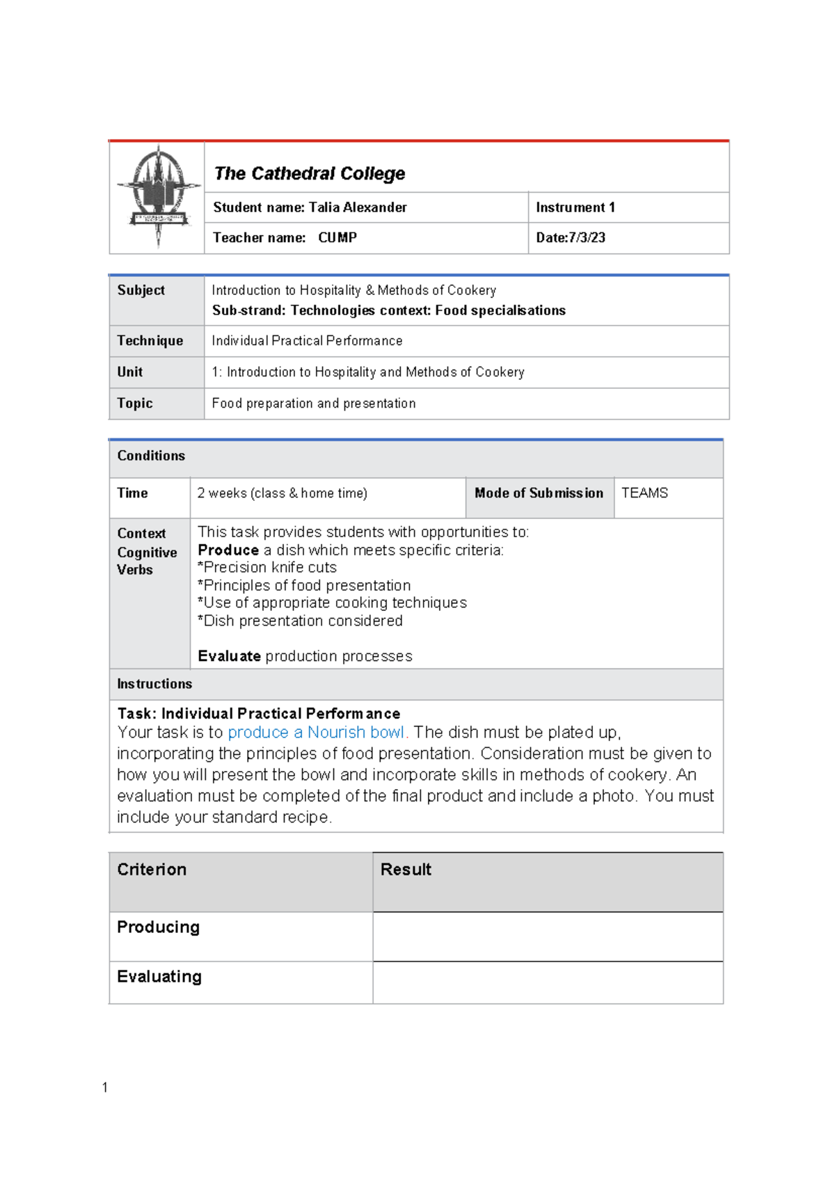 Unit 1 Year 10: Nourish Bowl Practical Performance Notes - Studocu
