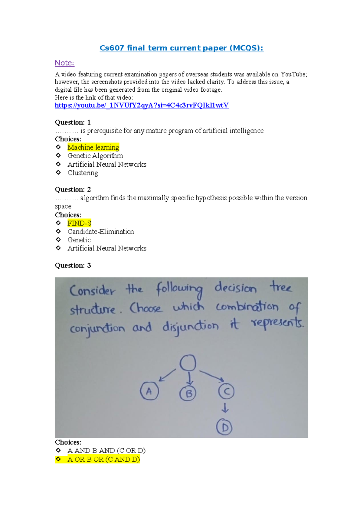 CS607 Final Term Current Paper MCQs and Explanations - Studocu