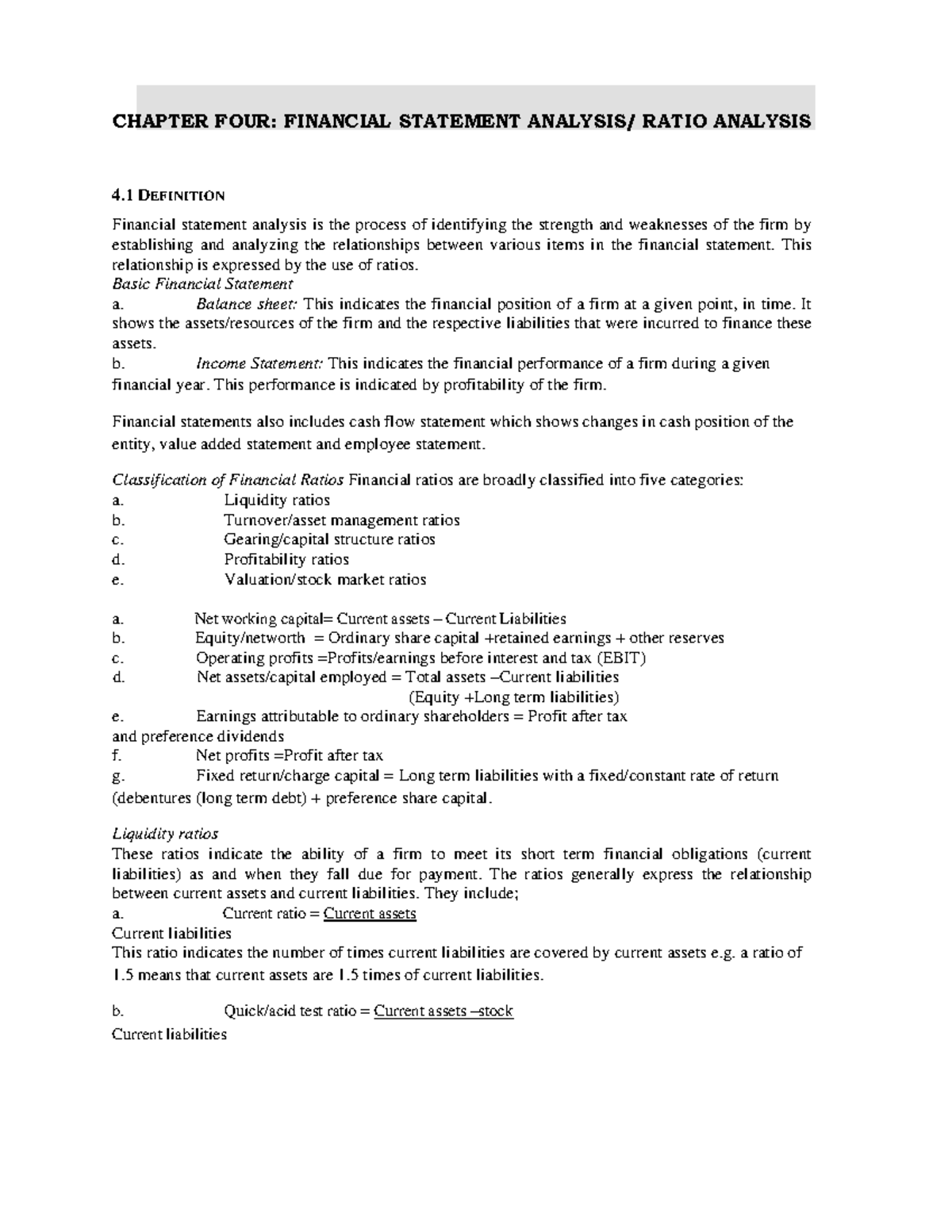 Financial Statement Analysis - Ratios Lecture Notes (Course Code: FIN ...