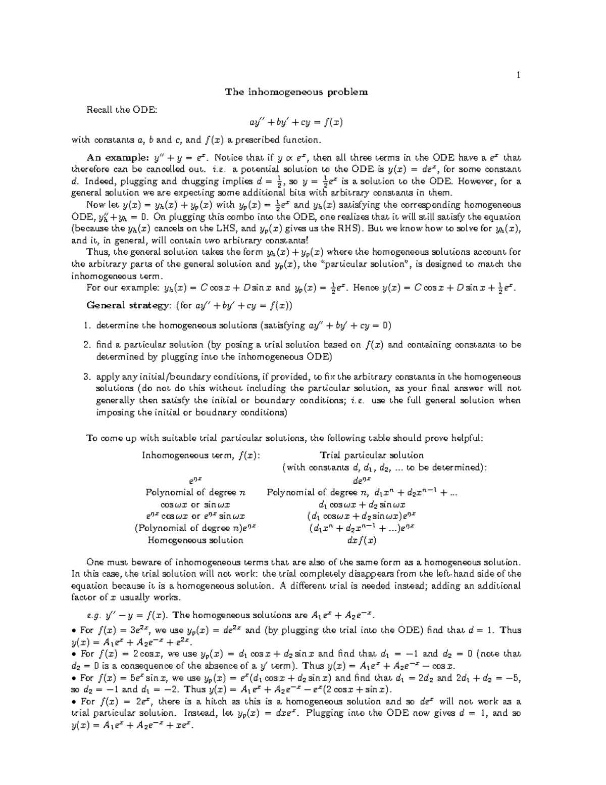 Fundamentals of ODEs: Inhomogeneous Solutions and Applications - The ...