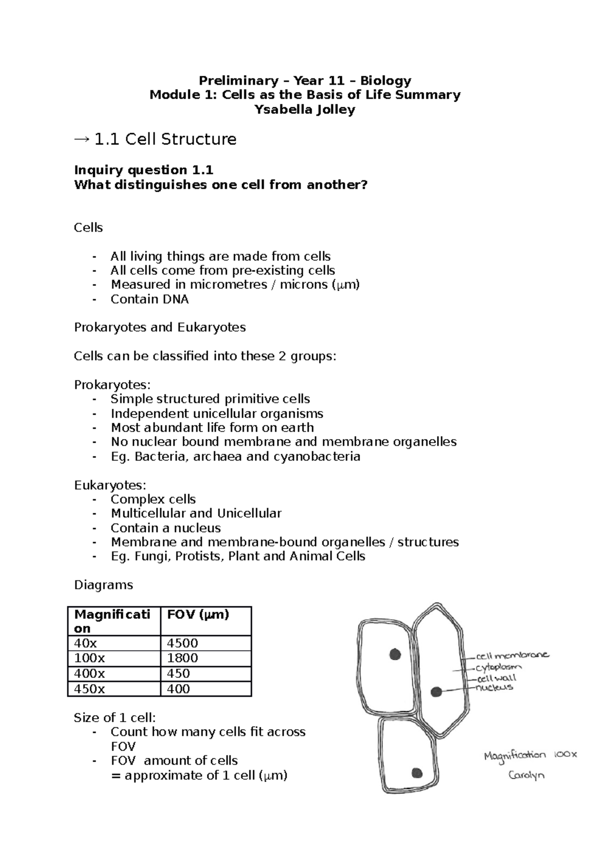 Module 1 - Cells as The Basis of Life - Preliminary – Year 11 – Biology ...