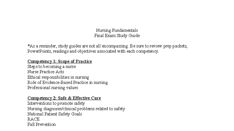 NUR 101 Nursing Fundamentals Final Exam Study Guide - Studocu