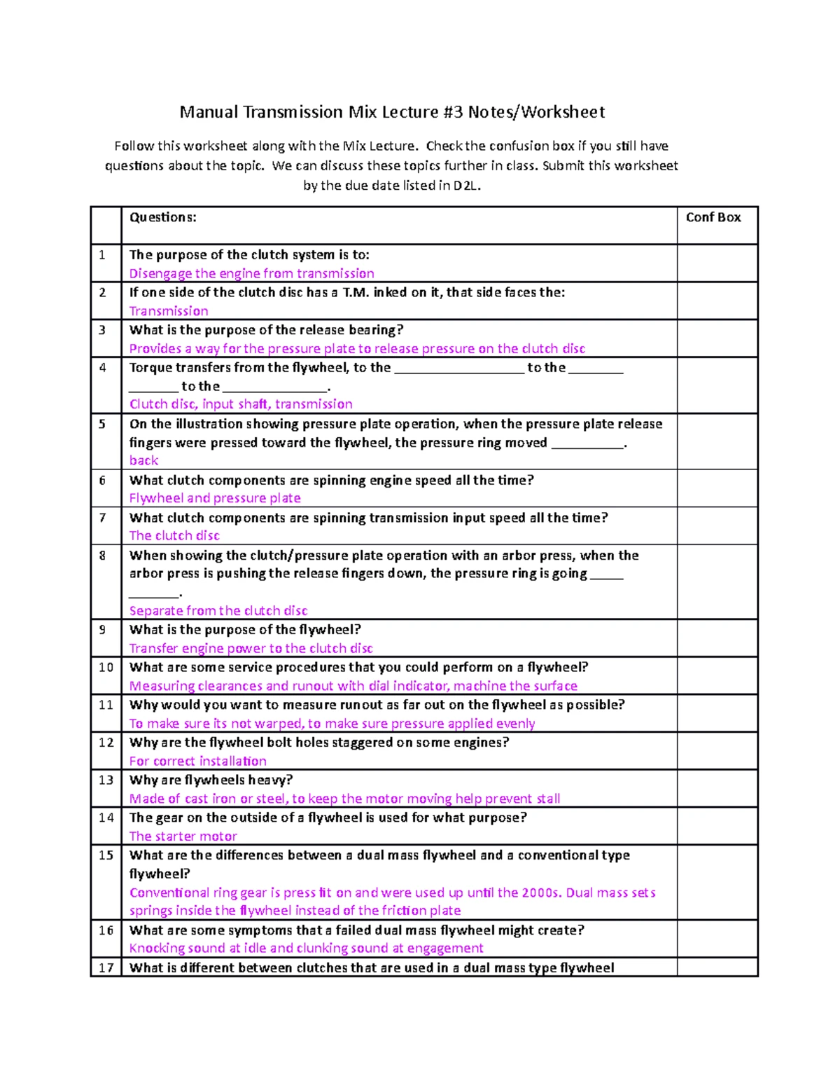 Manual Trans Mix Lecture One Worksheet - Manual Transmission Mix ...