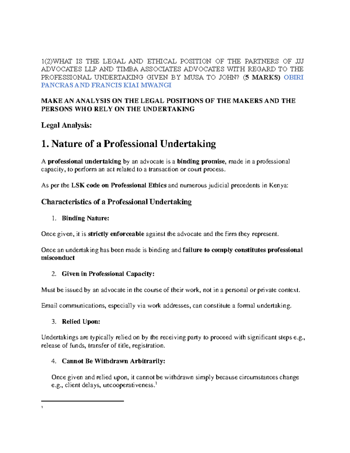 PE Q1(2) PO - Legal and Ethical Analysis of Professional Undertakings ...