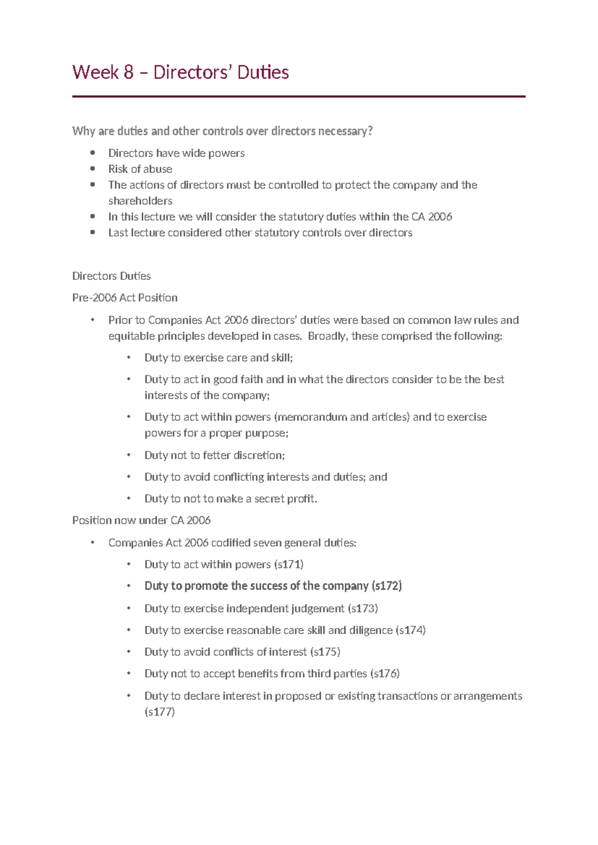 Directors' Duties Overview: Key Statutory Controls (Wk 8) - Studocu