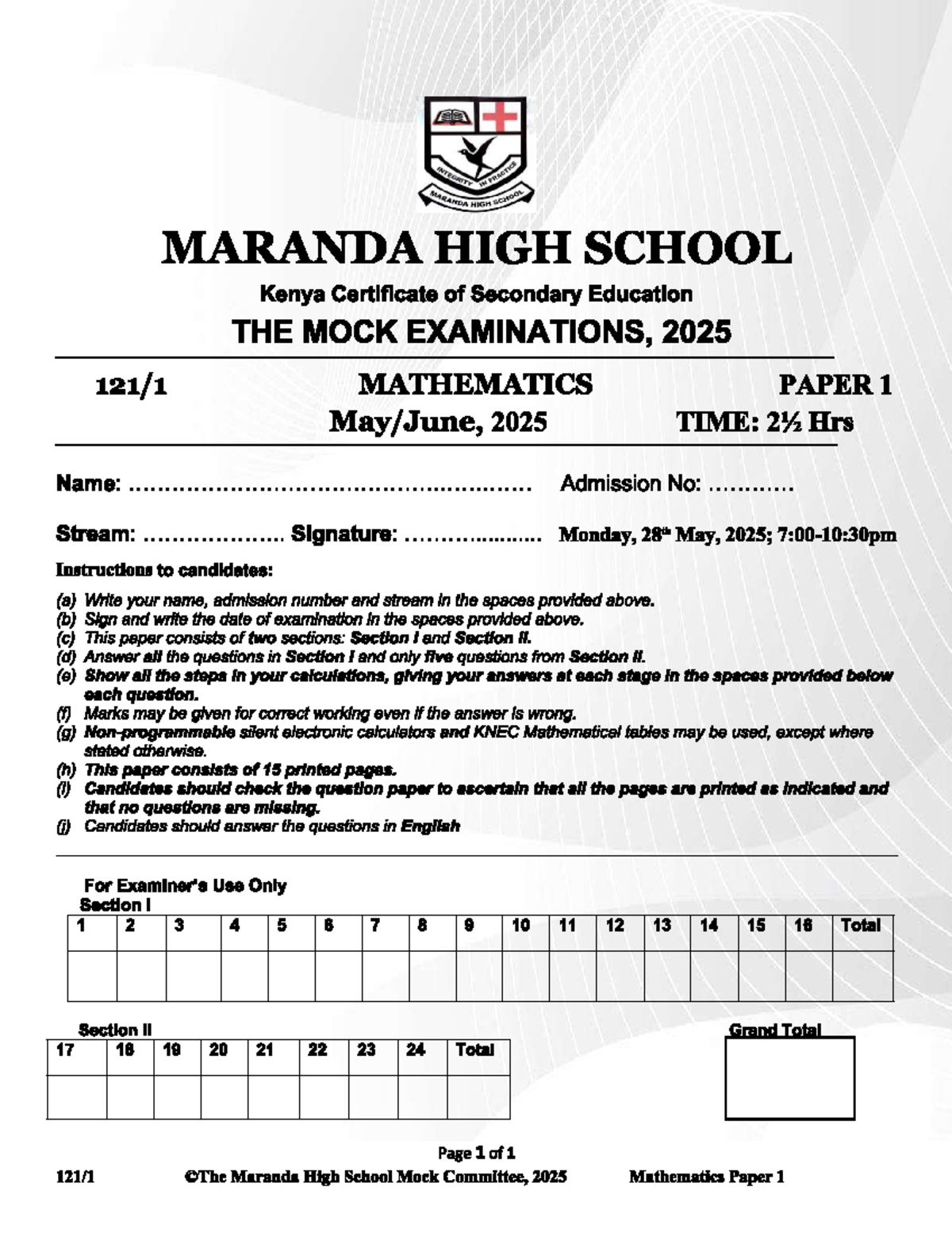 Mathematics Mock Exam Paper 1 - Maranda High School KCSE 2025 - Studocu