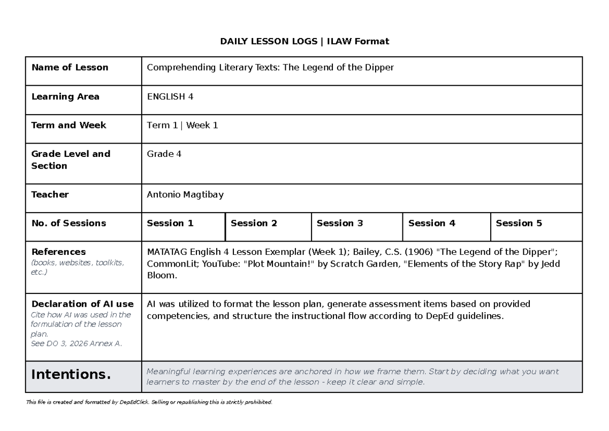 English 4 Daily Lesson Log: Comprehending The Legend of the Dipper ...