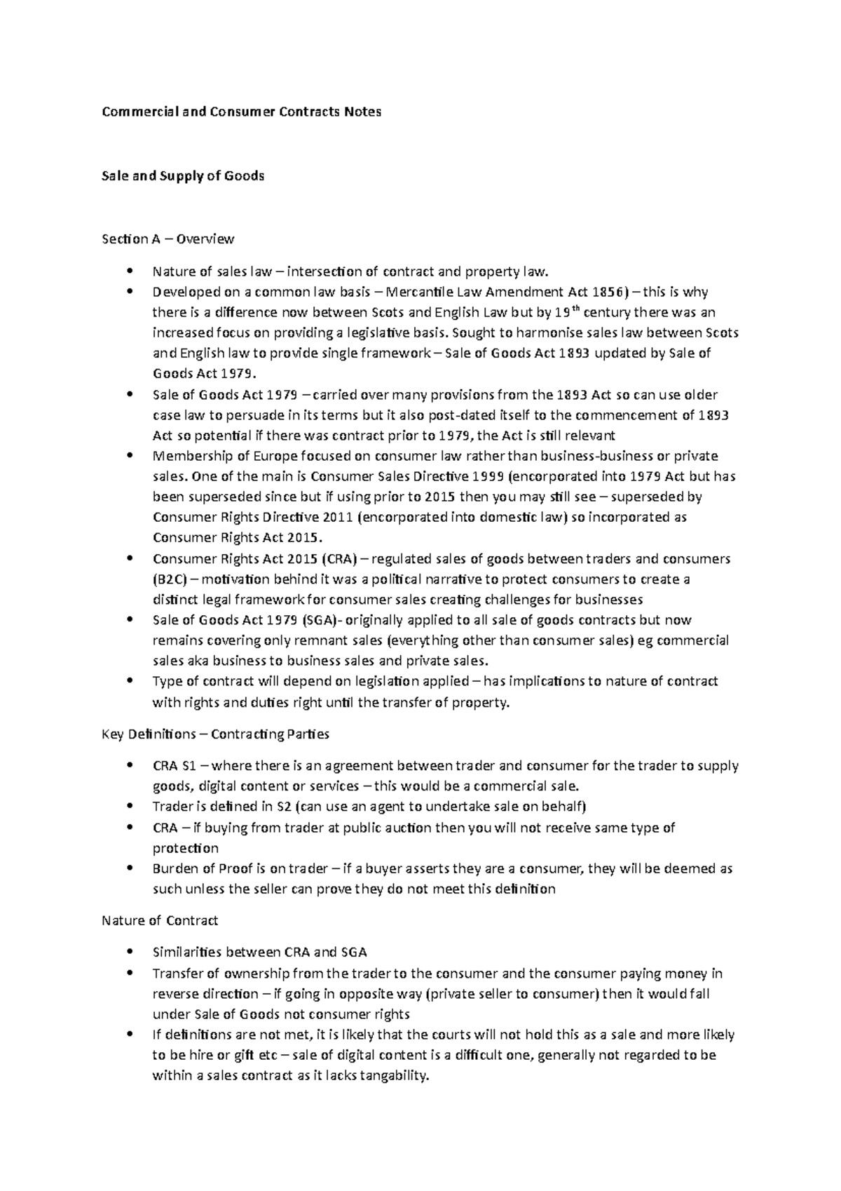 Sale and Supply of Goods (LAW101) Lecture Notes Summary - Studocu