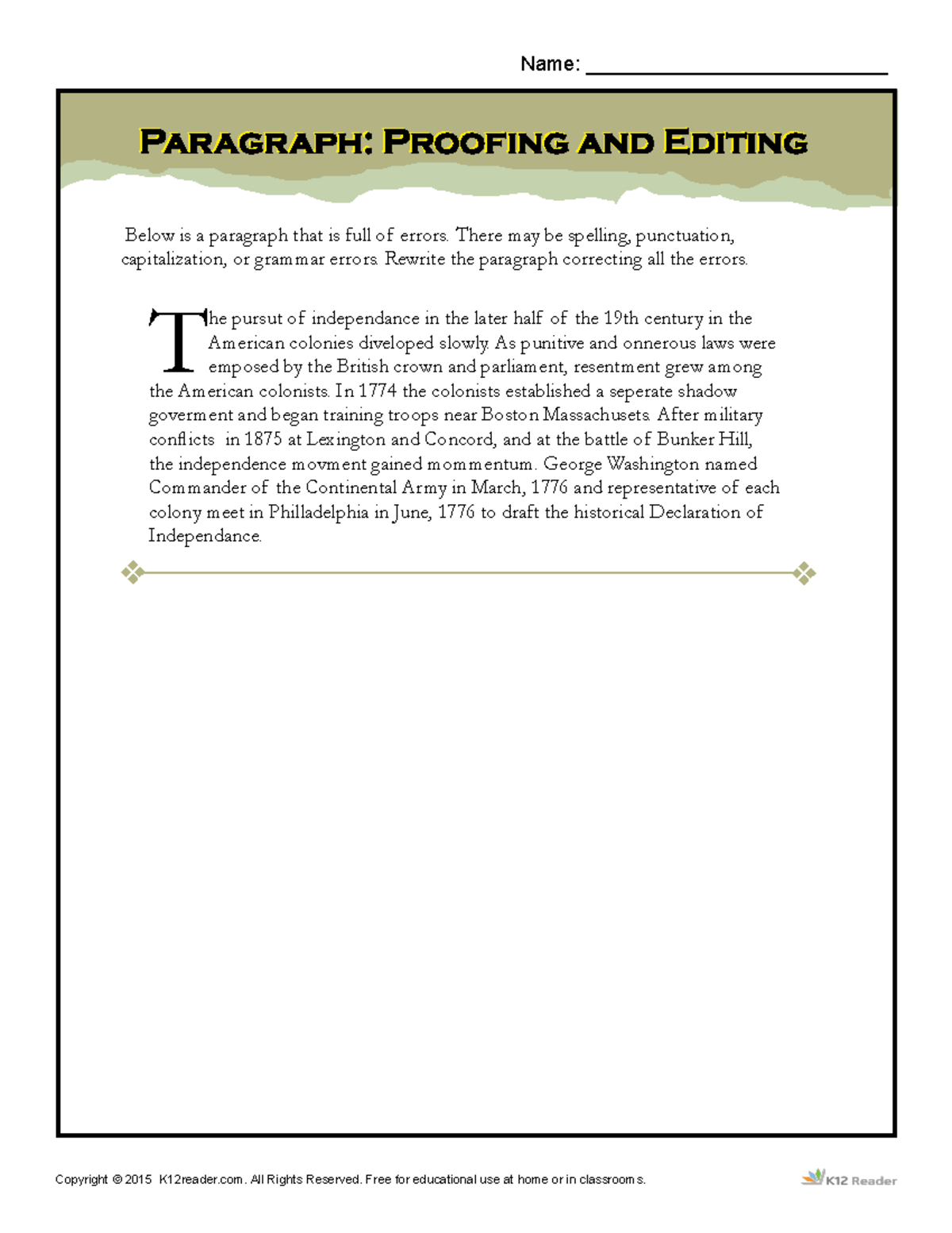 Paragraph proofing and editing - Copyright © 2015 K12reader. All Rights ...